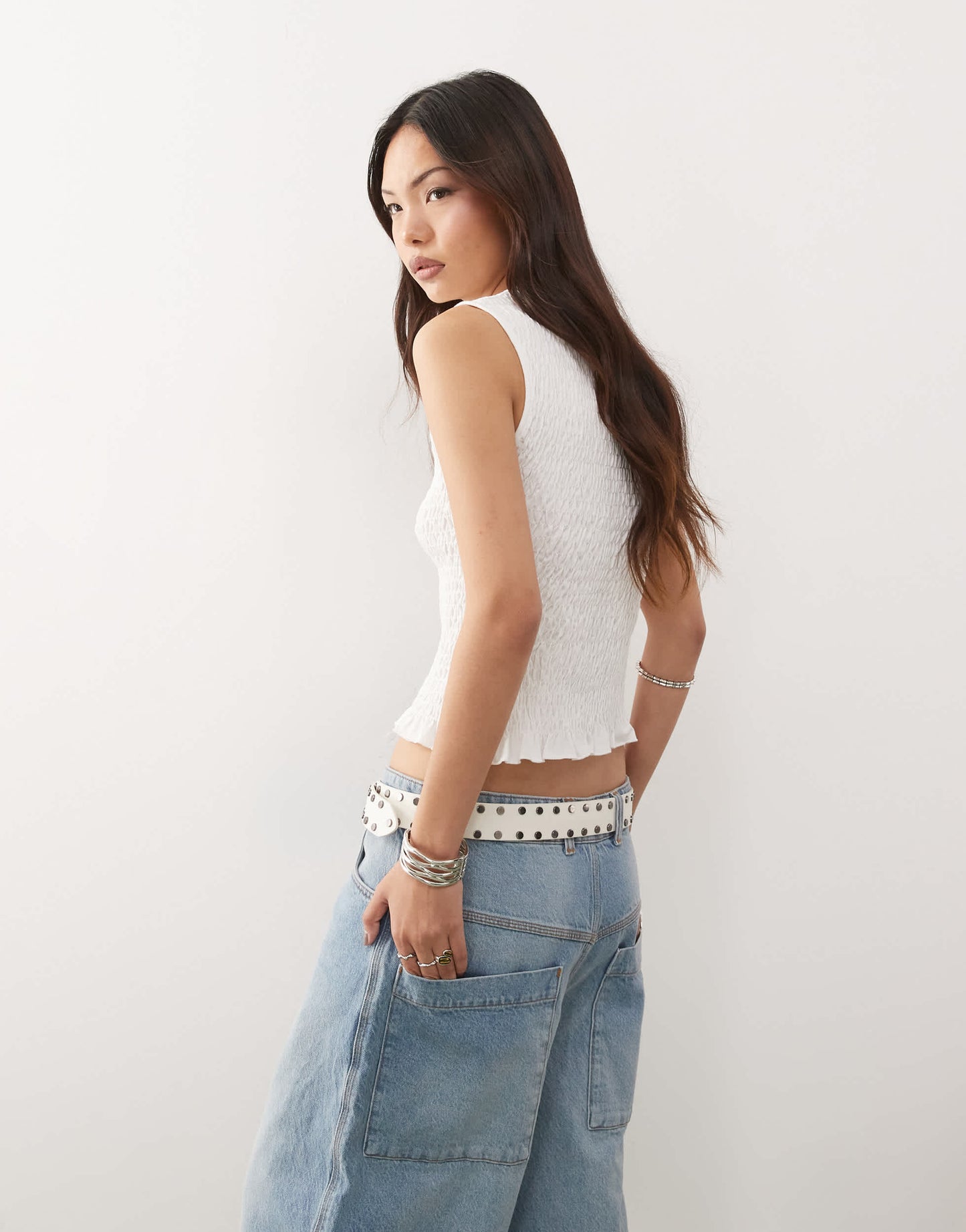Monki smock shirred sleeveless tank with frill edge in white