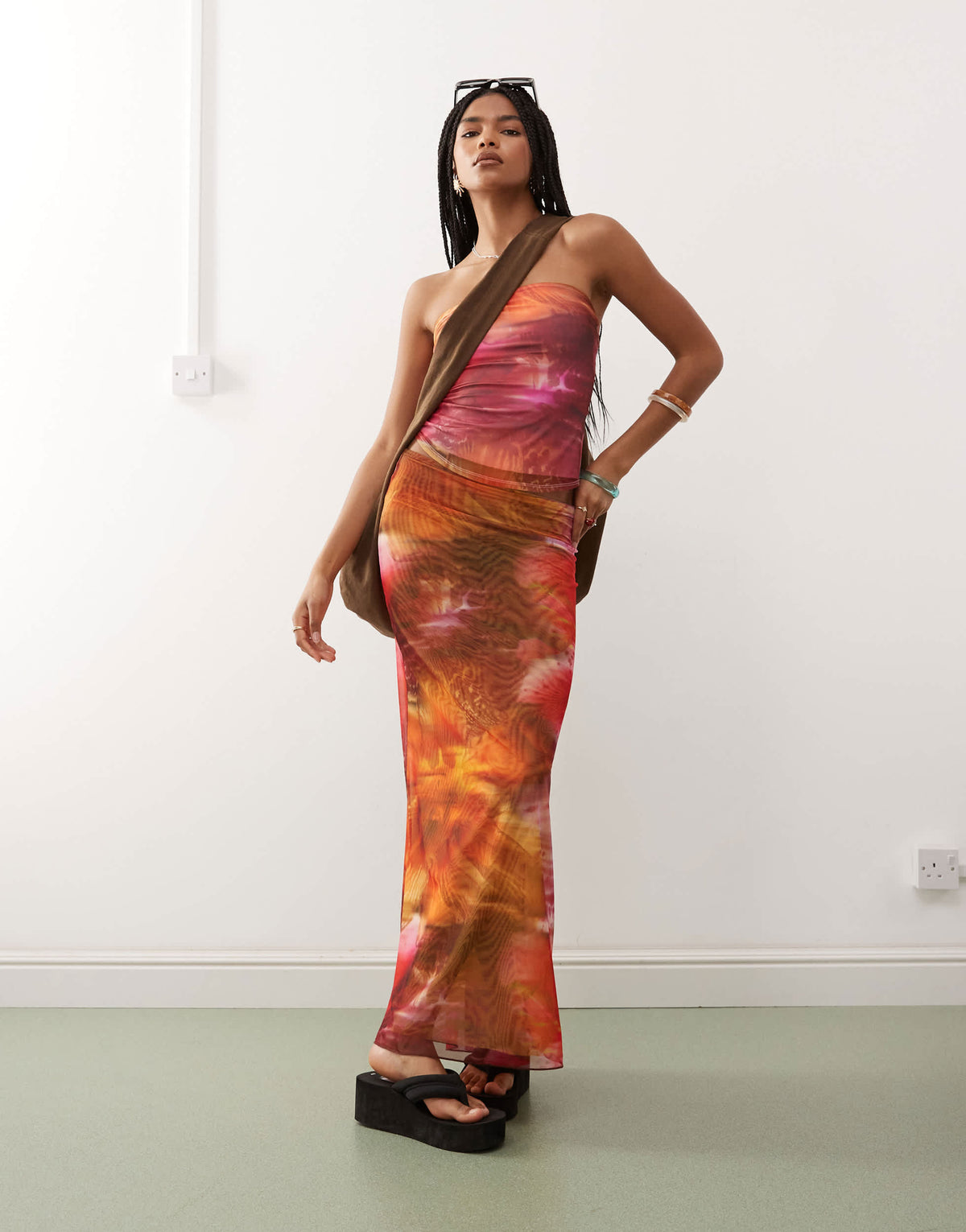 Monki co-ord mesh maxi skirt in pink & orange tropical flower print