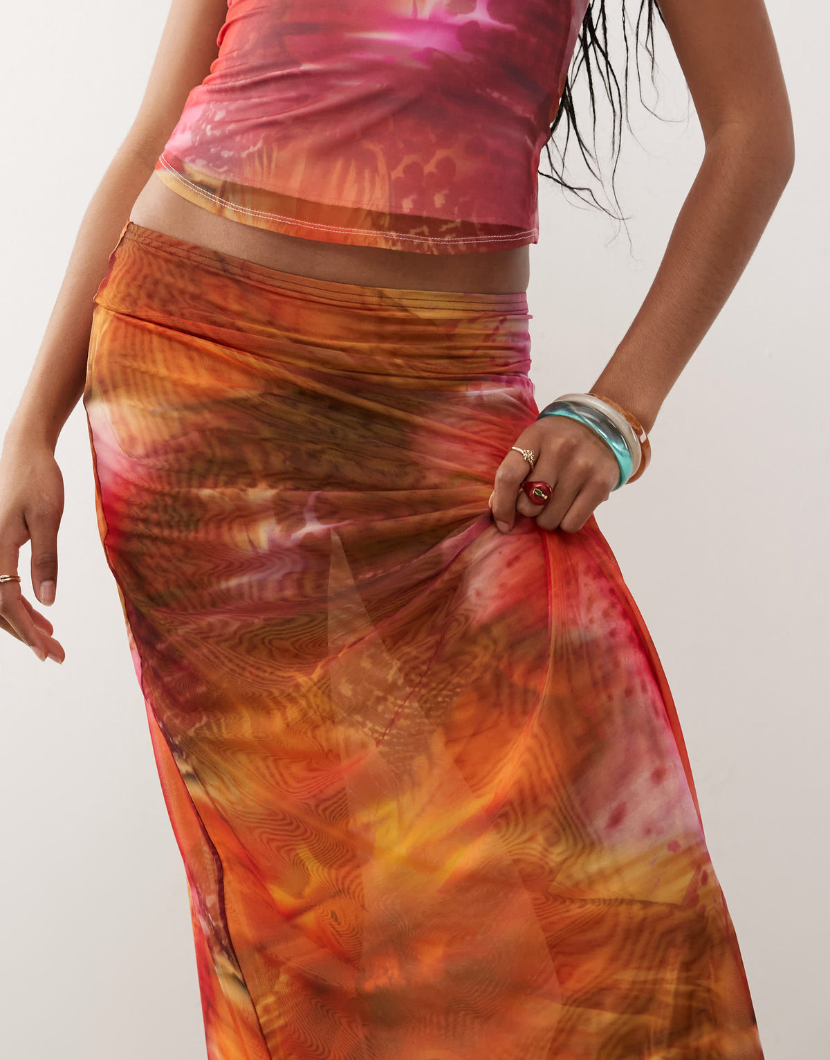 Monki co-ord mesh maxi skirt in pink & orange tropical flower print