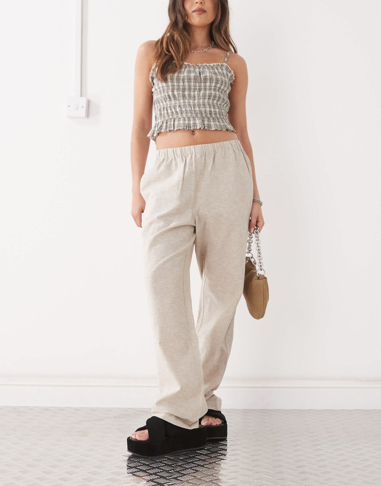 Monki linen trousers in beige exclusive to ASOS