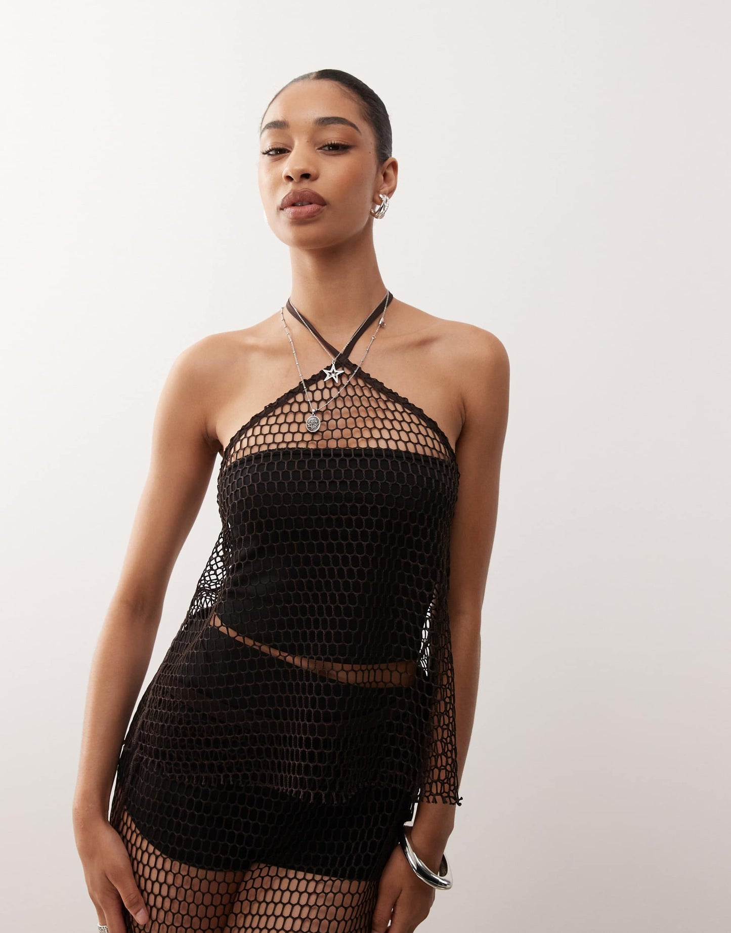 Monki net co-ord halter neck top in chocolate brown