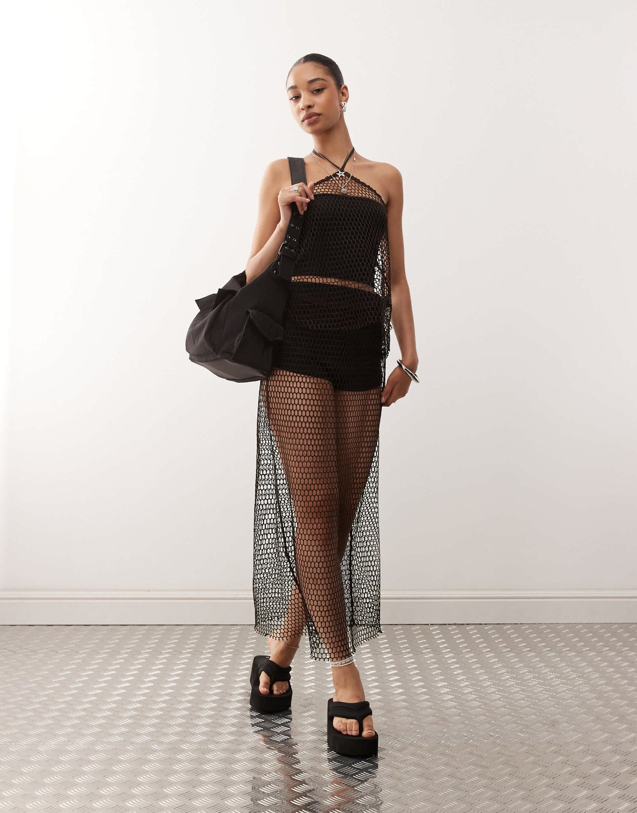Monki net co-ord halter neck top in chocolate brown