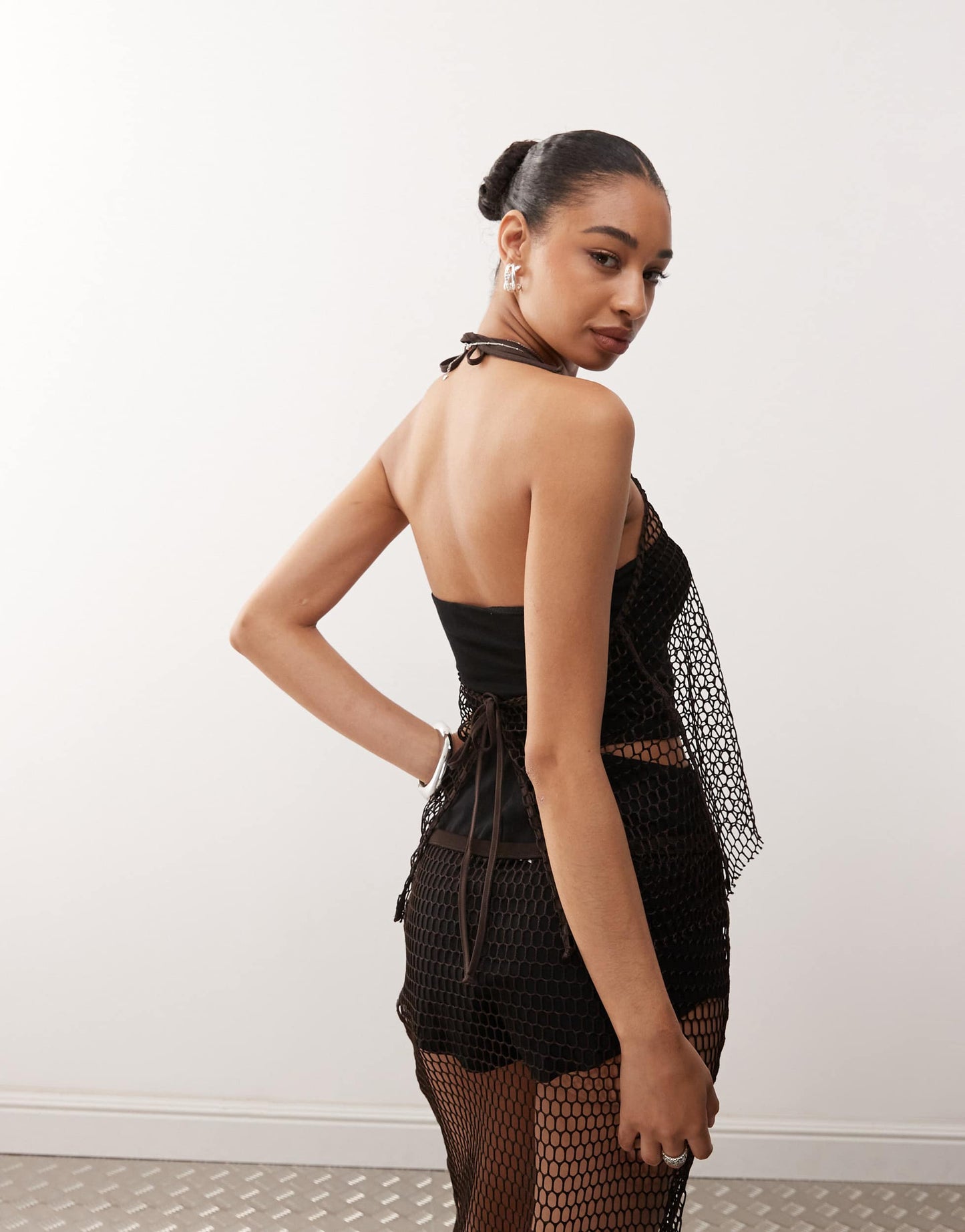 Monki net co-ord halter neck top in chocolate brown