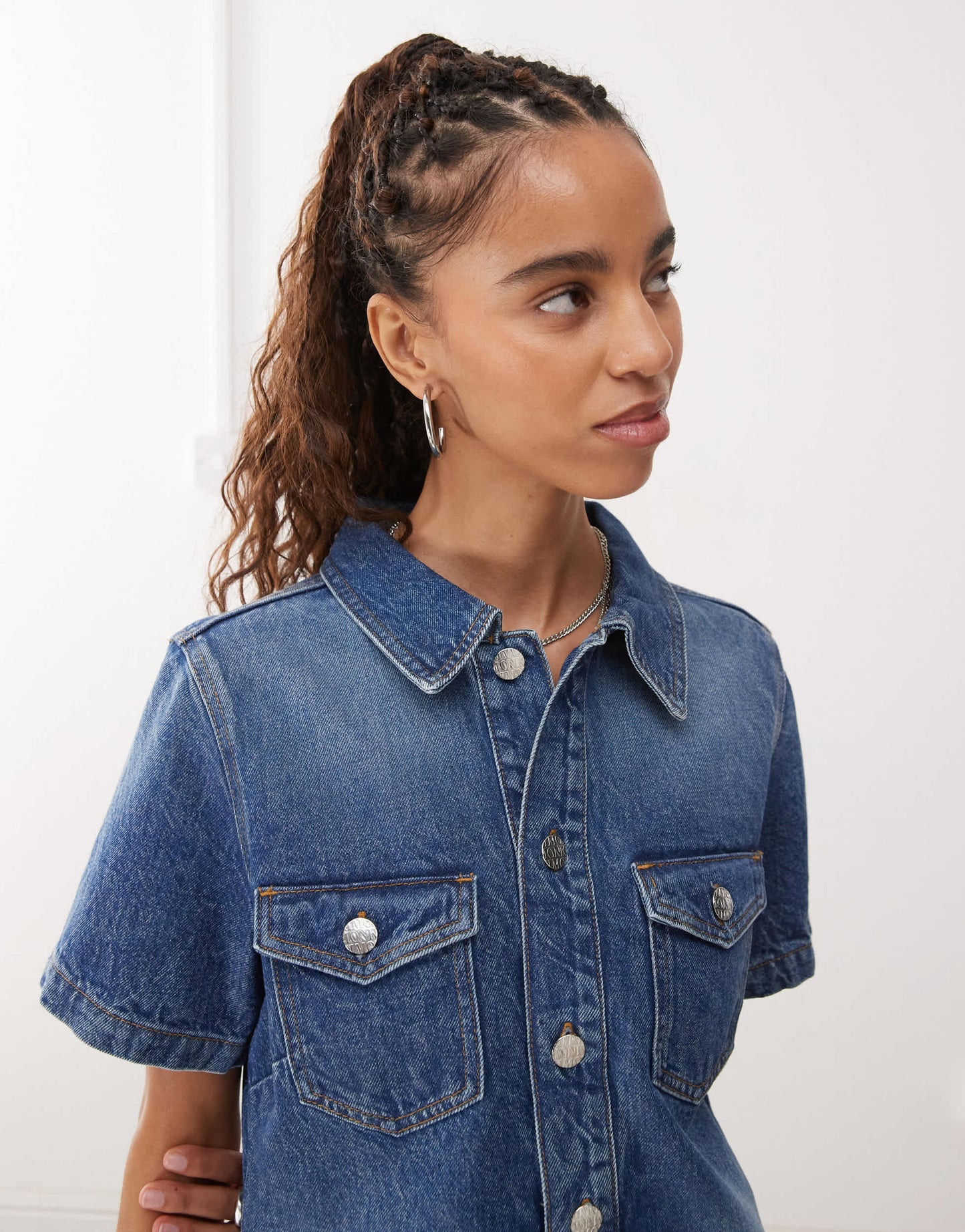 Monki denim tunic dress with flippy hem in mid blue wash