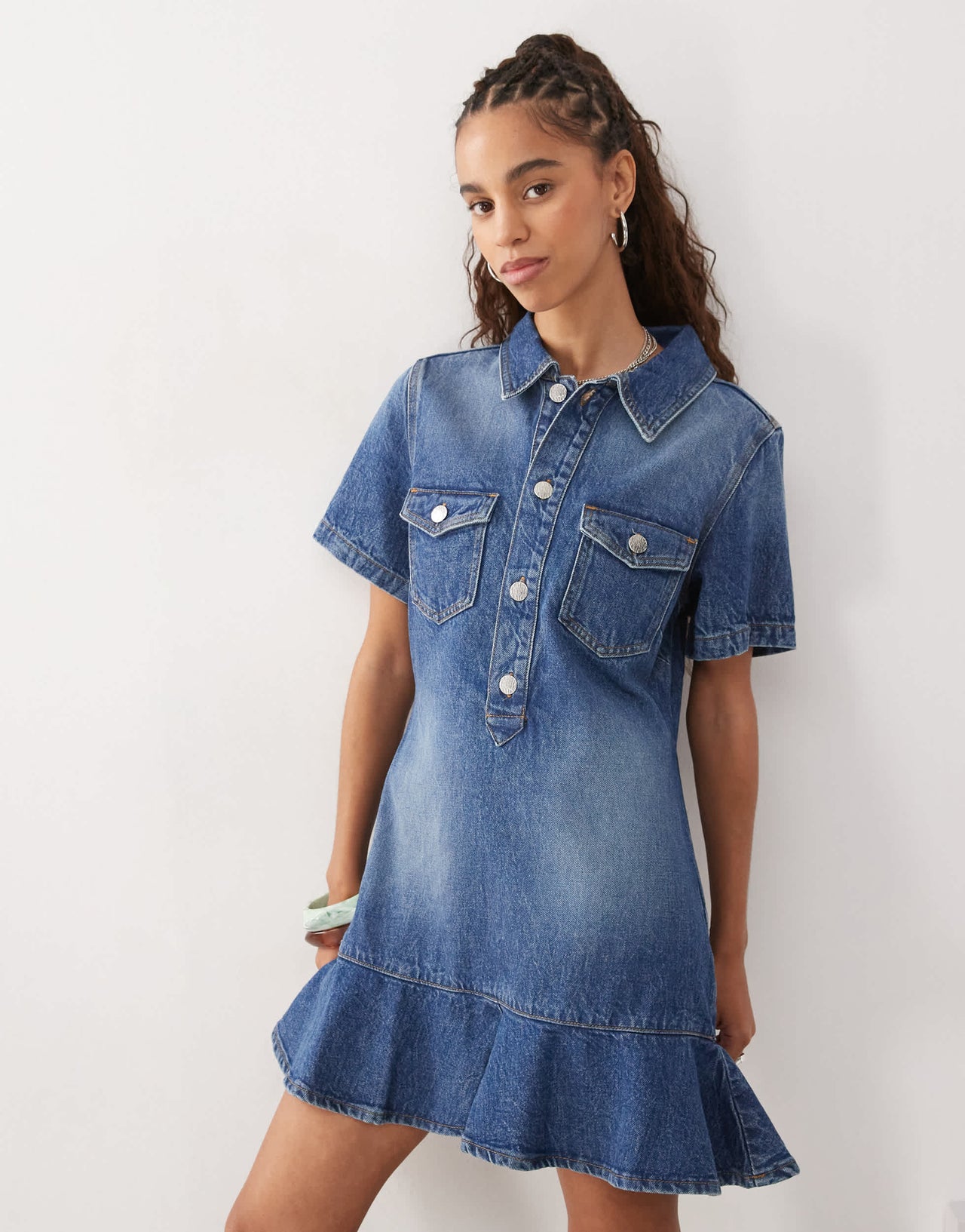 Monki denim tunic dress with flippy hem in mid blue wash