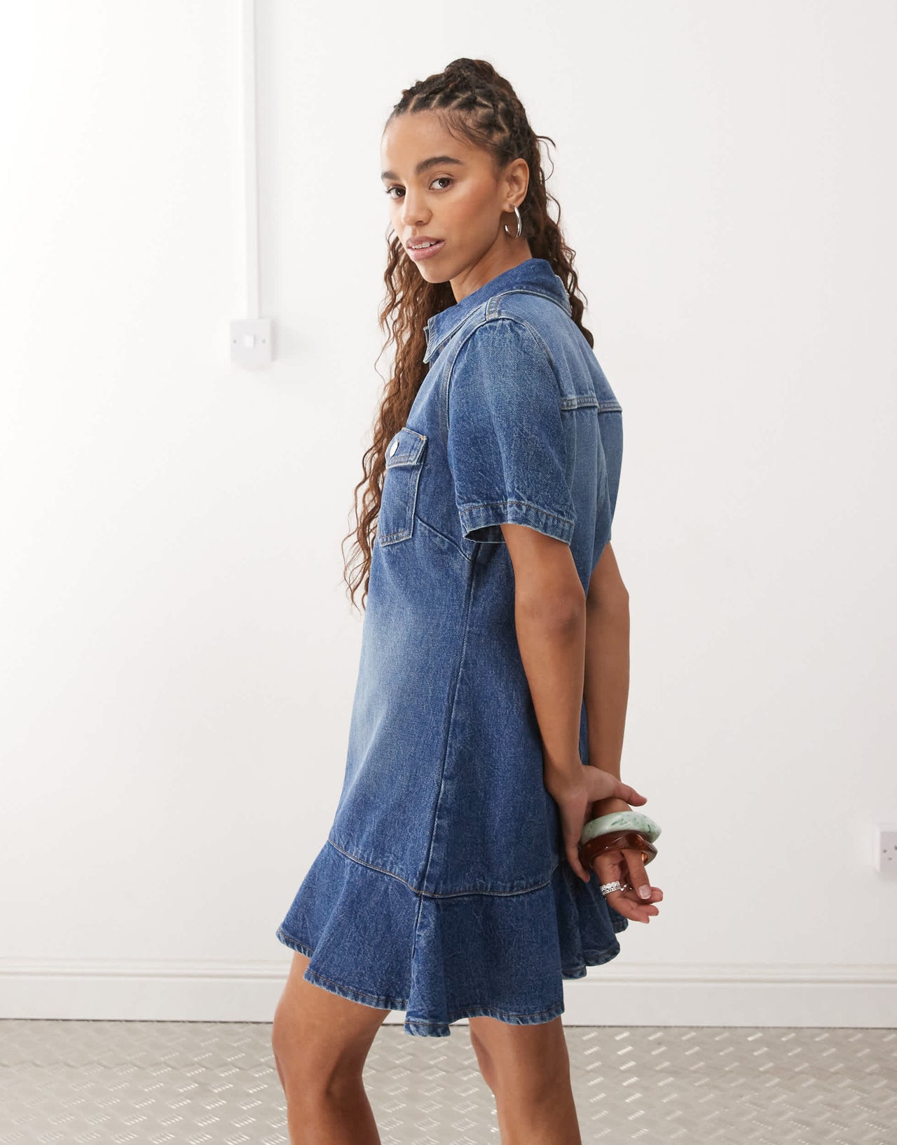 Monki denim tunic dress with flippy hem in mid blue wash