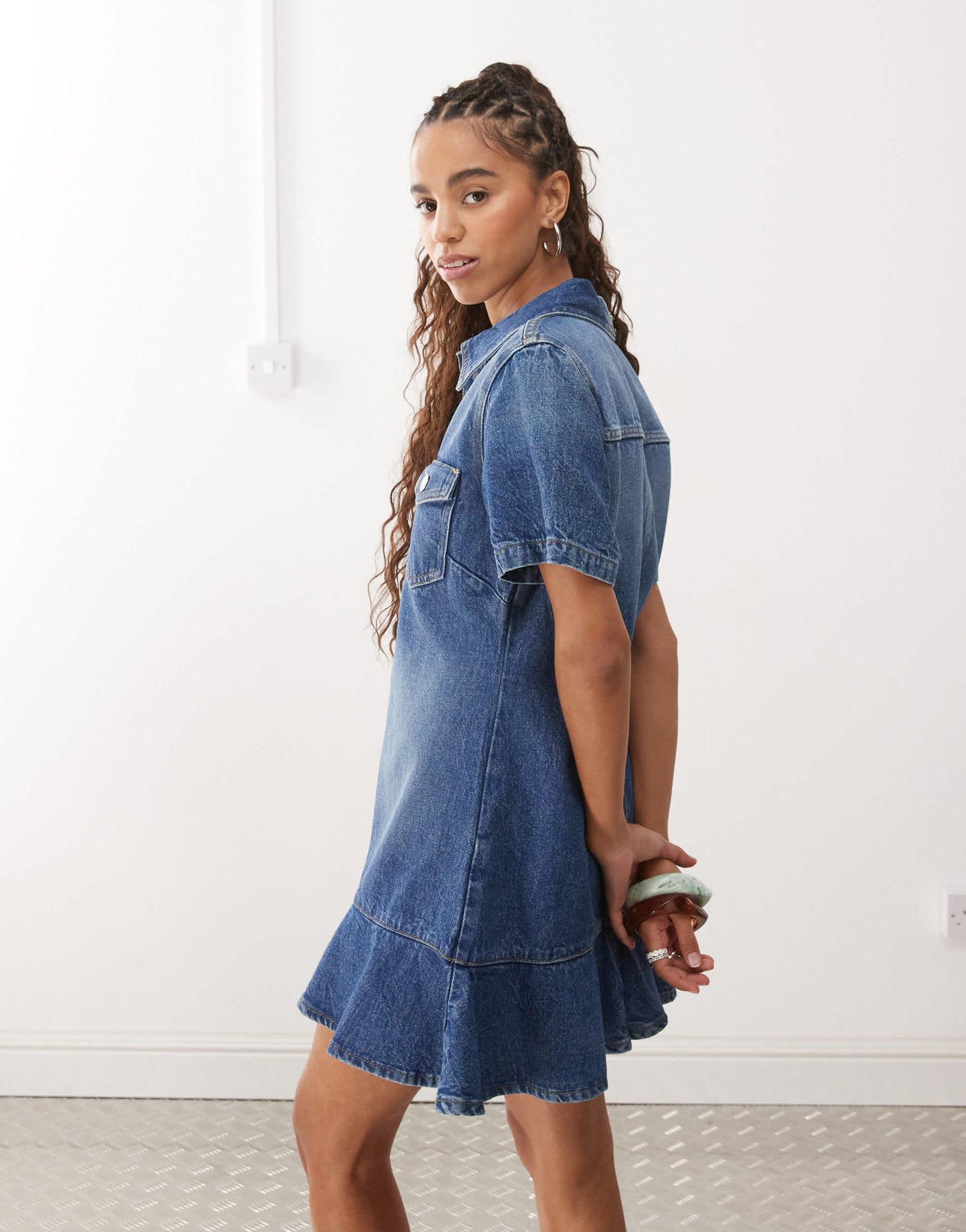 Monki denim tunic dress with flippy hem in mid blue wash