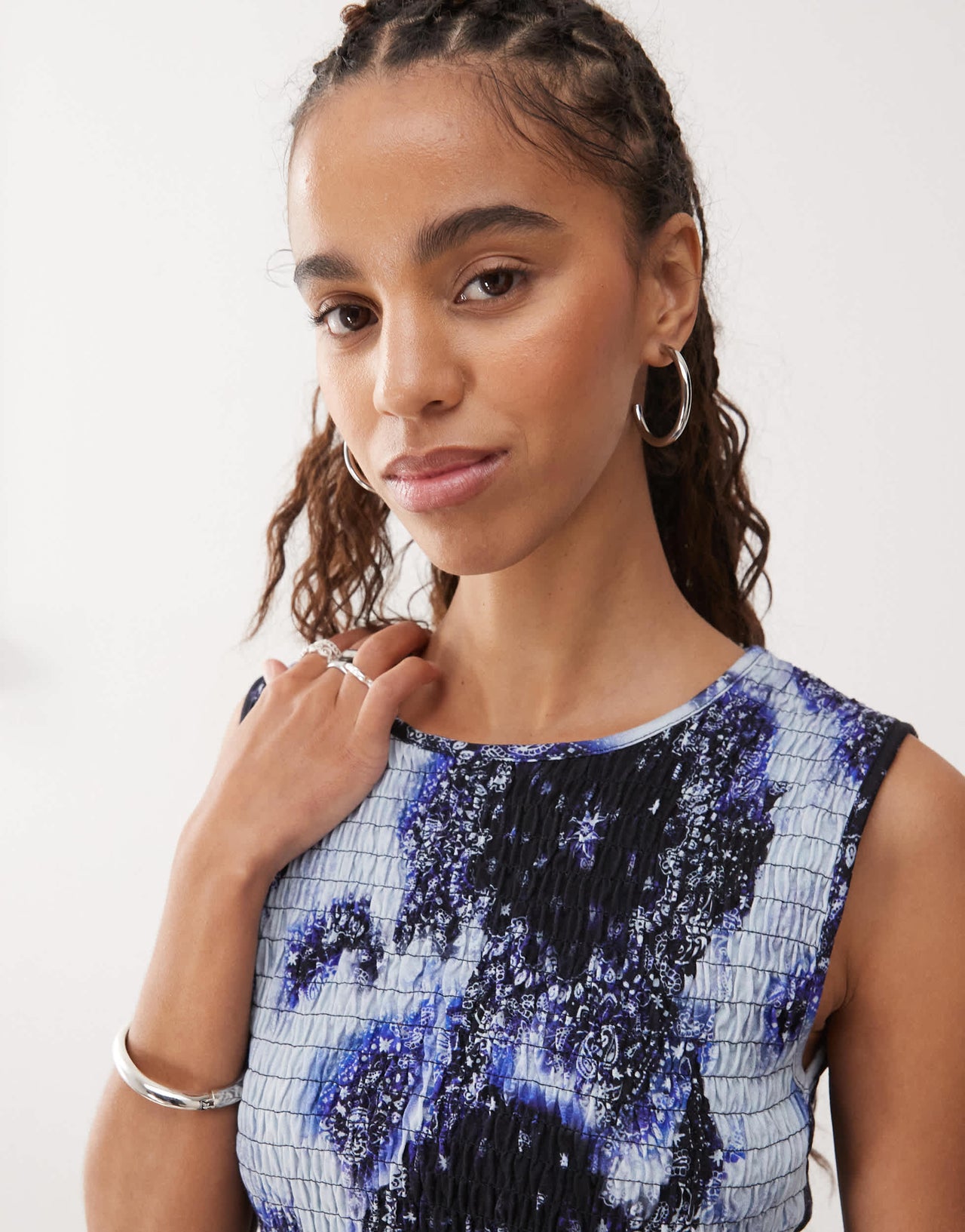 Monki smock shirred sleeveless tank with frill edge in blue print