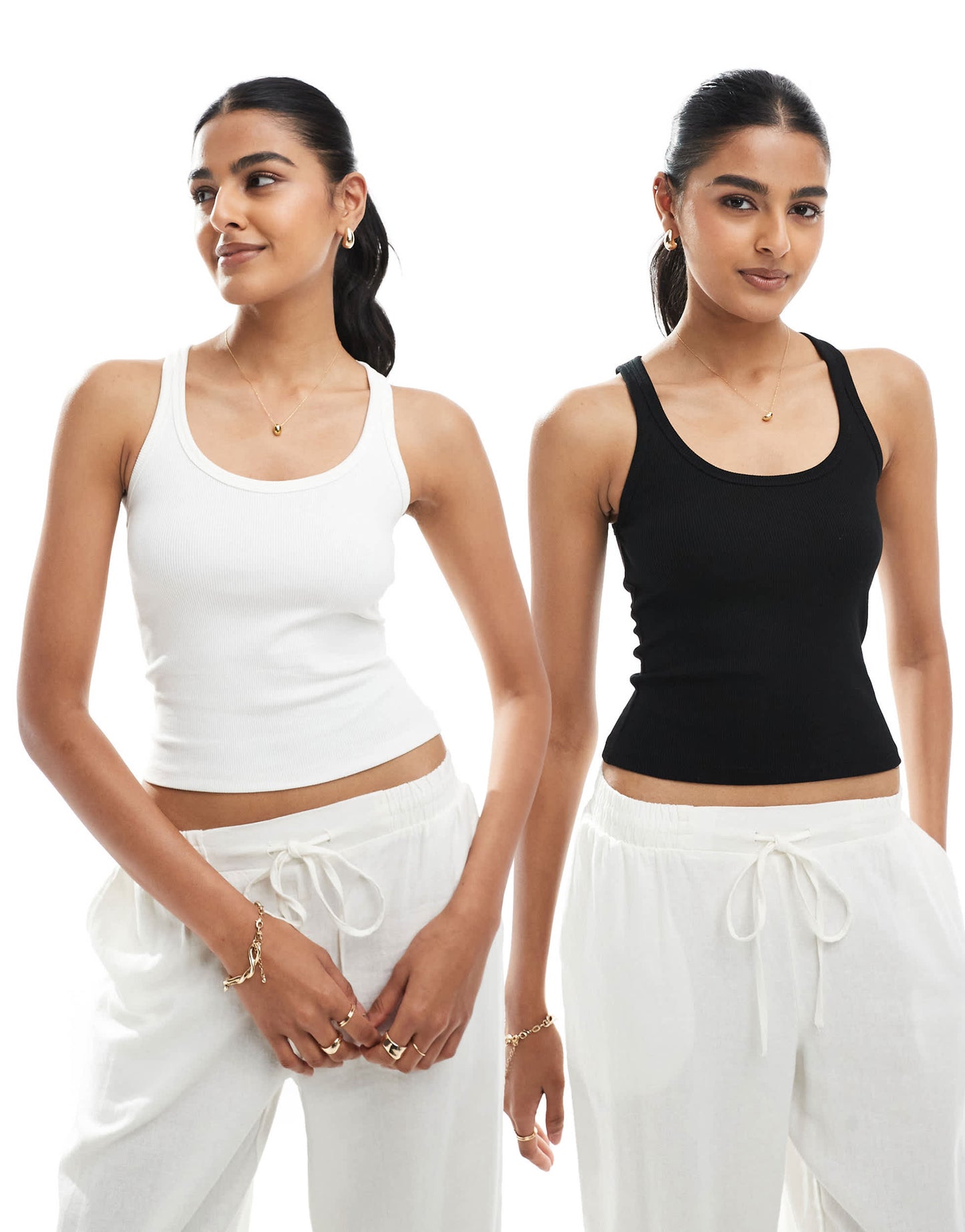 Bershka 2 pack scoop neck ribbed tank top in white and black