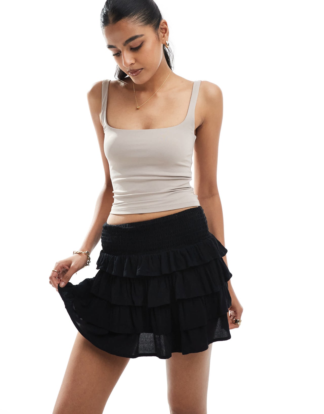 Bershka tiered mini skirt in black