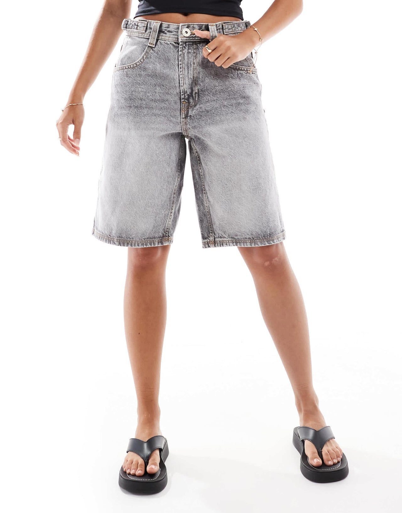 Bershka adjustable waist baggy longline shorts in grey