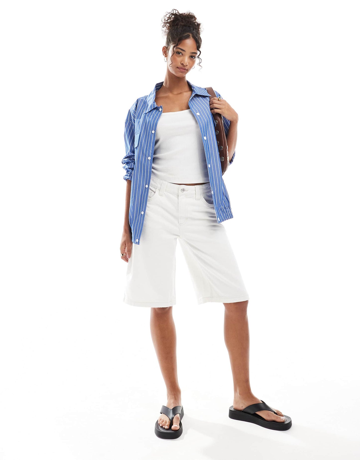Bershka baggy longline denim shorts in ecru