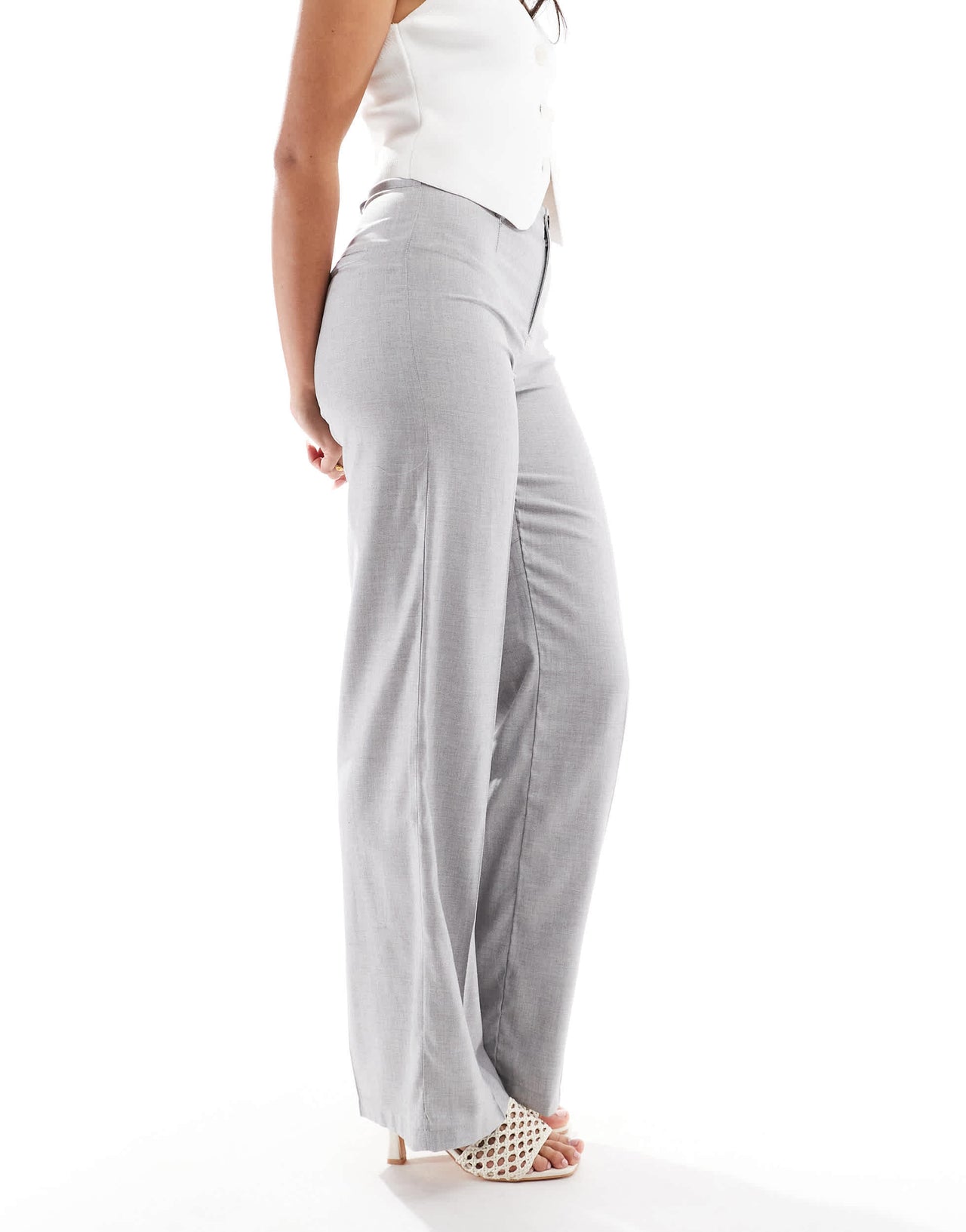 Bershka high waisted wide leg tailored trousers in pale grey