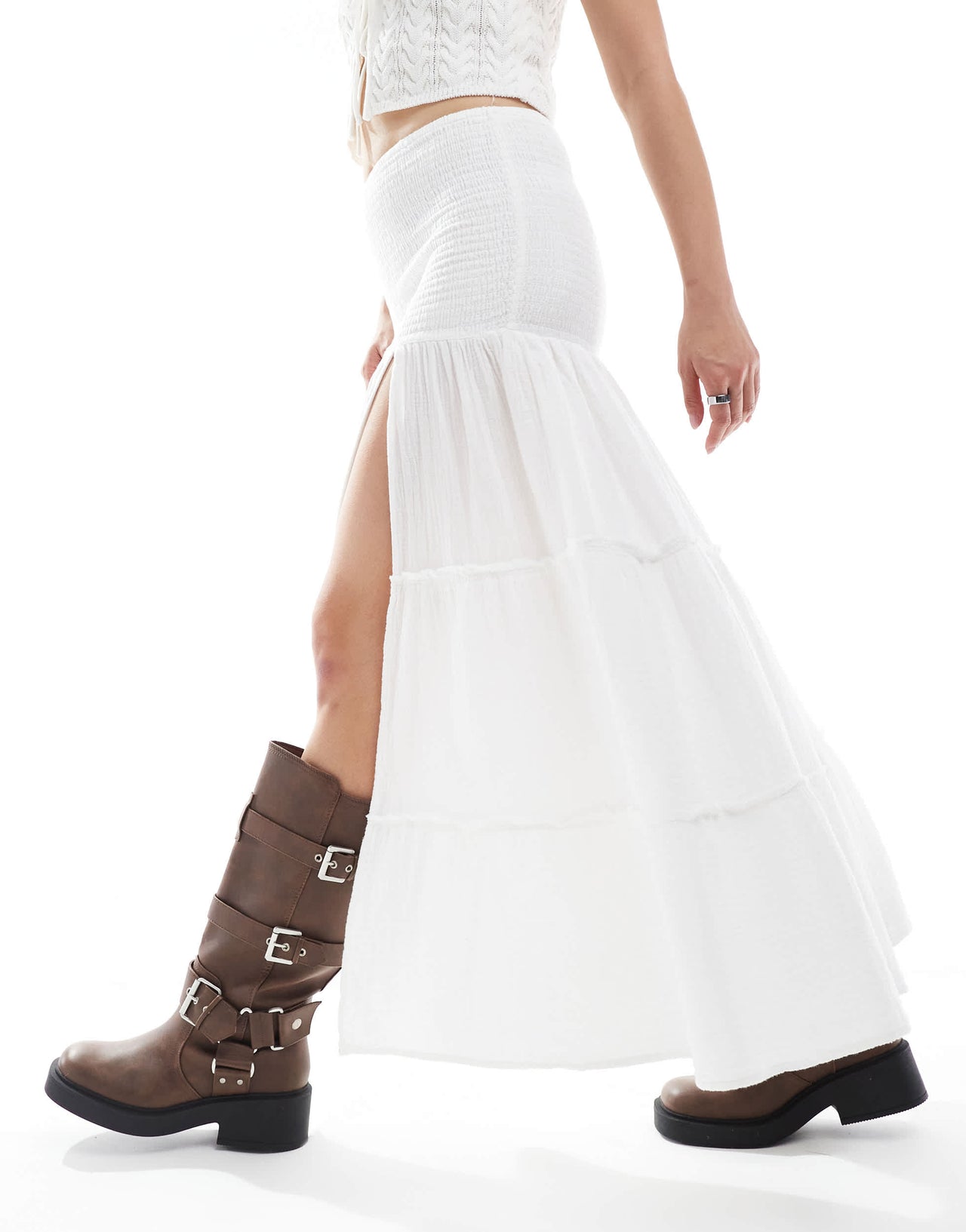 Bershka shirred waist tiered maxi skirt in white