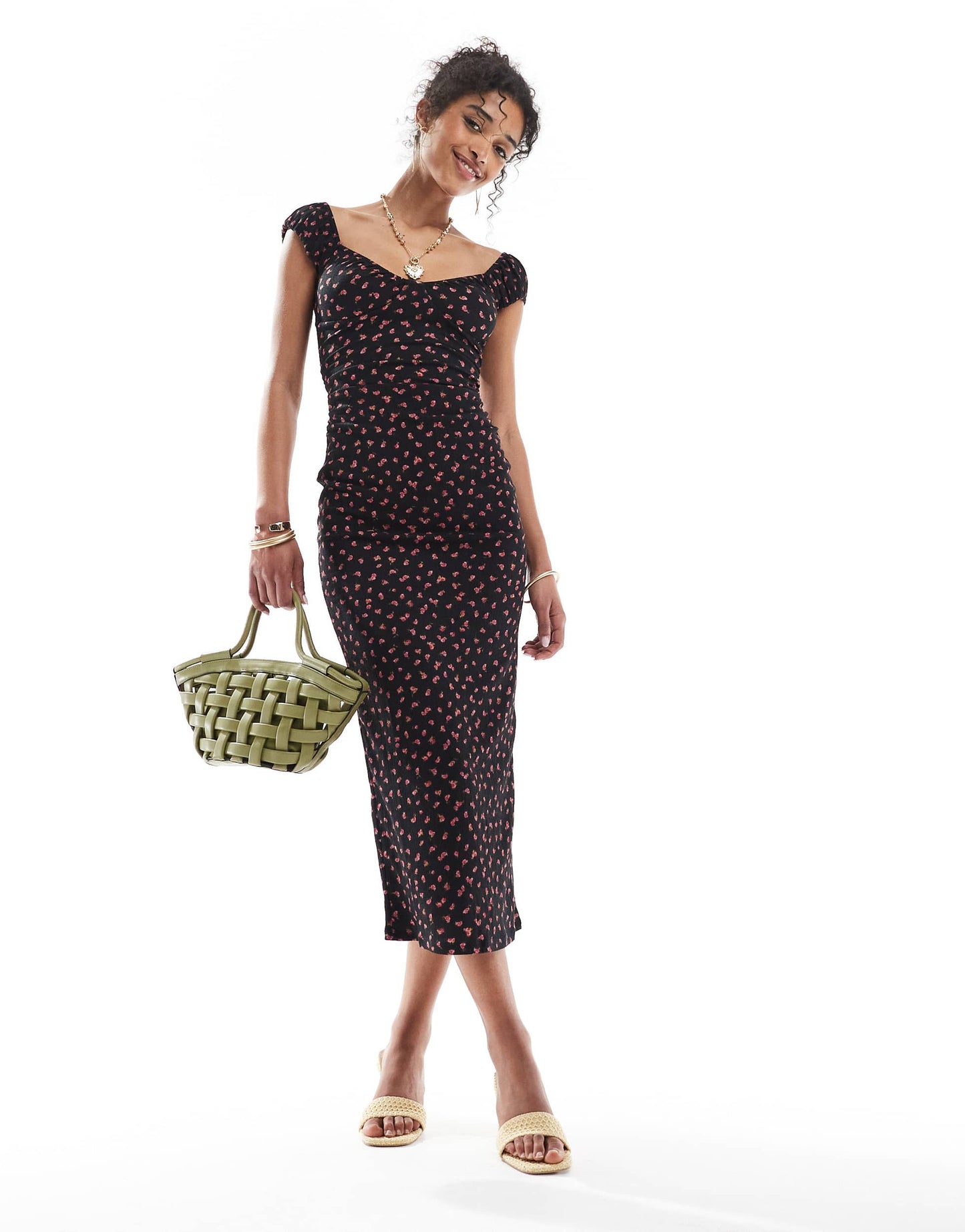 Bershka milkmaid midi dress in black print