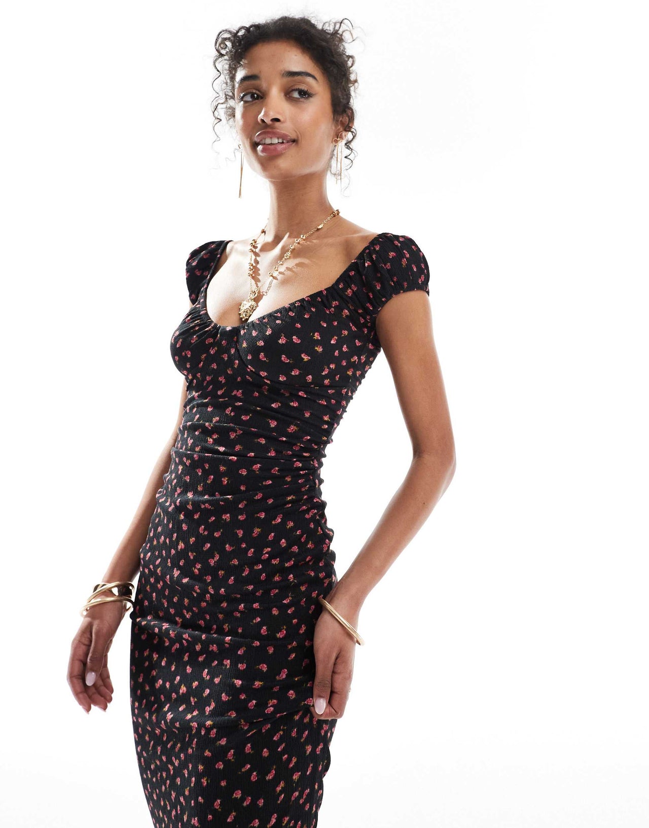 Bershka milkmaid midi dress in black print