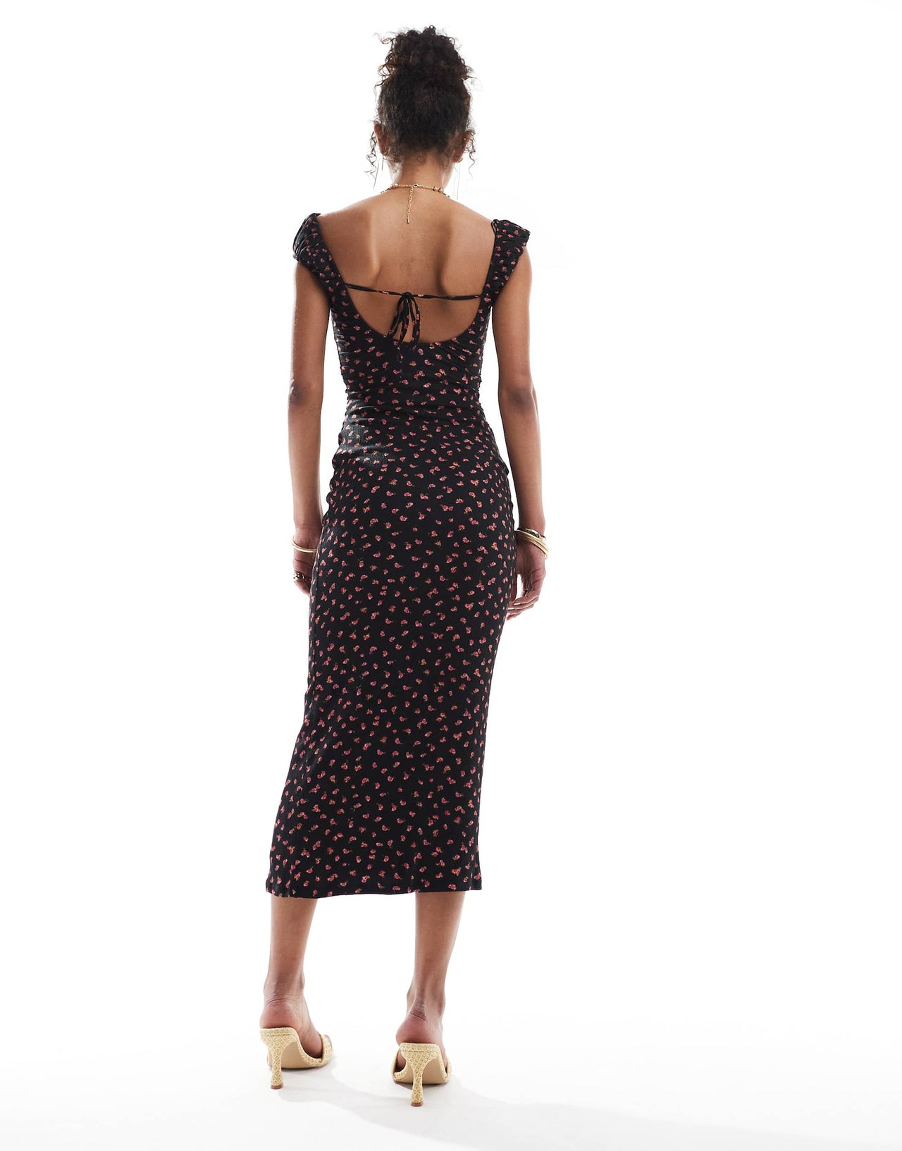 Bershka milkmaid midi dress in black print
