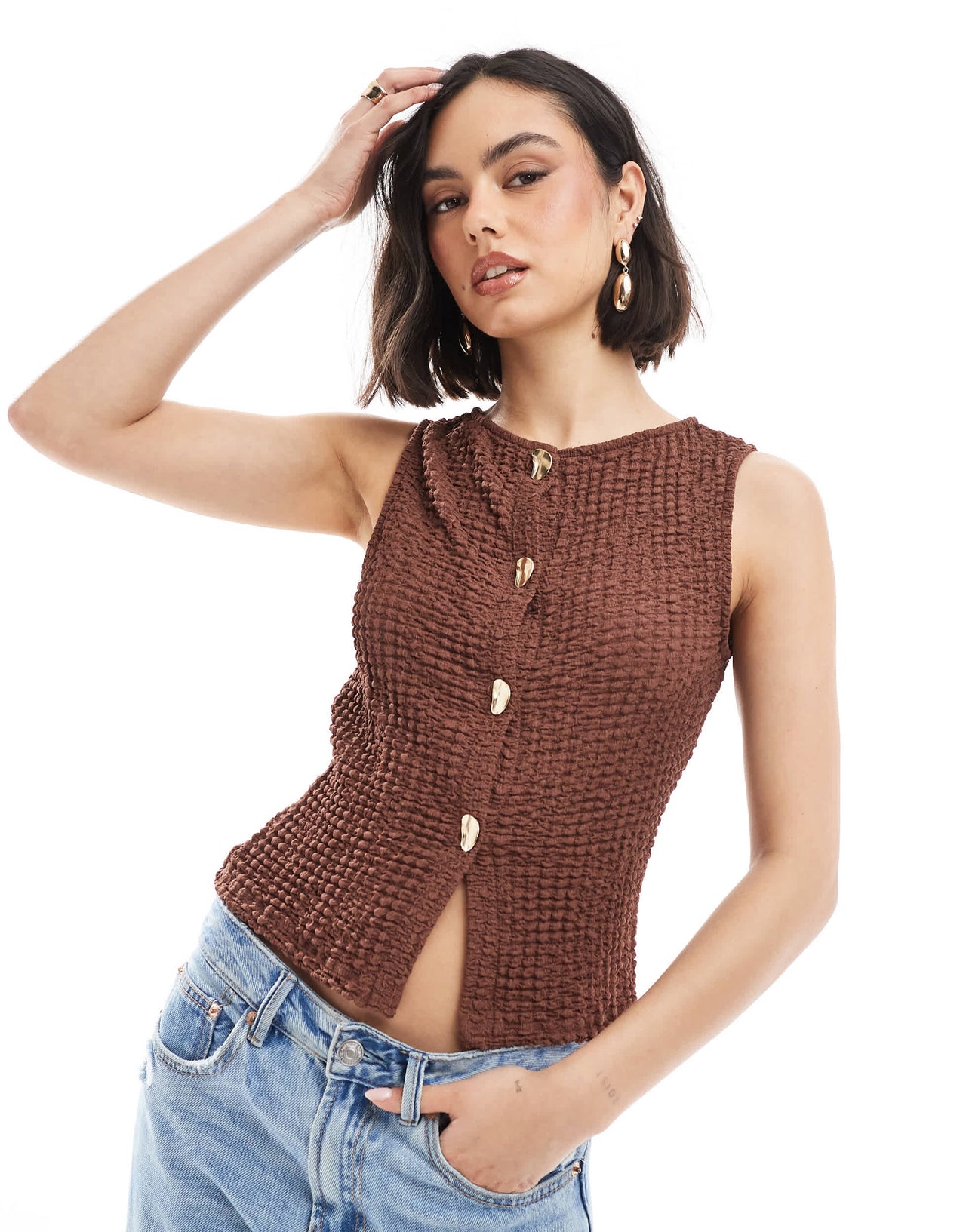 ASOS DESIGN textured button through top with gold hardware buttons in brown