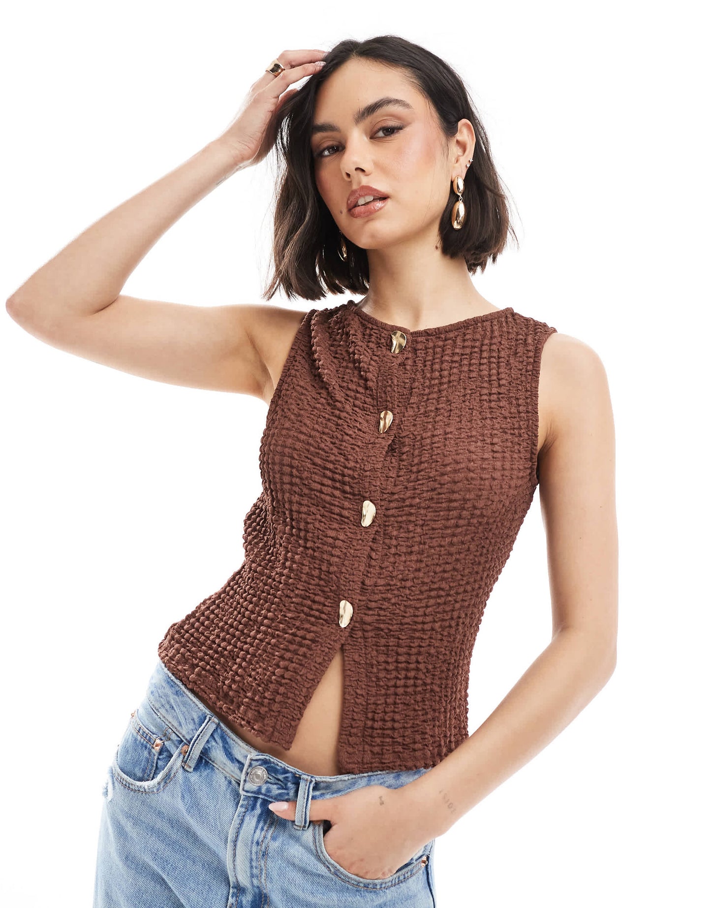 ASOS DESIGN textured button through top with gold hardware buttons in brown