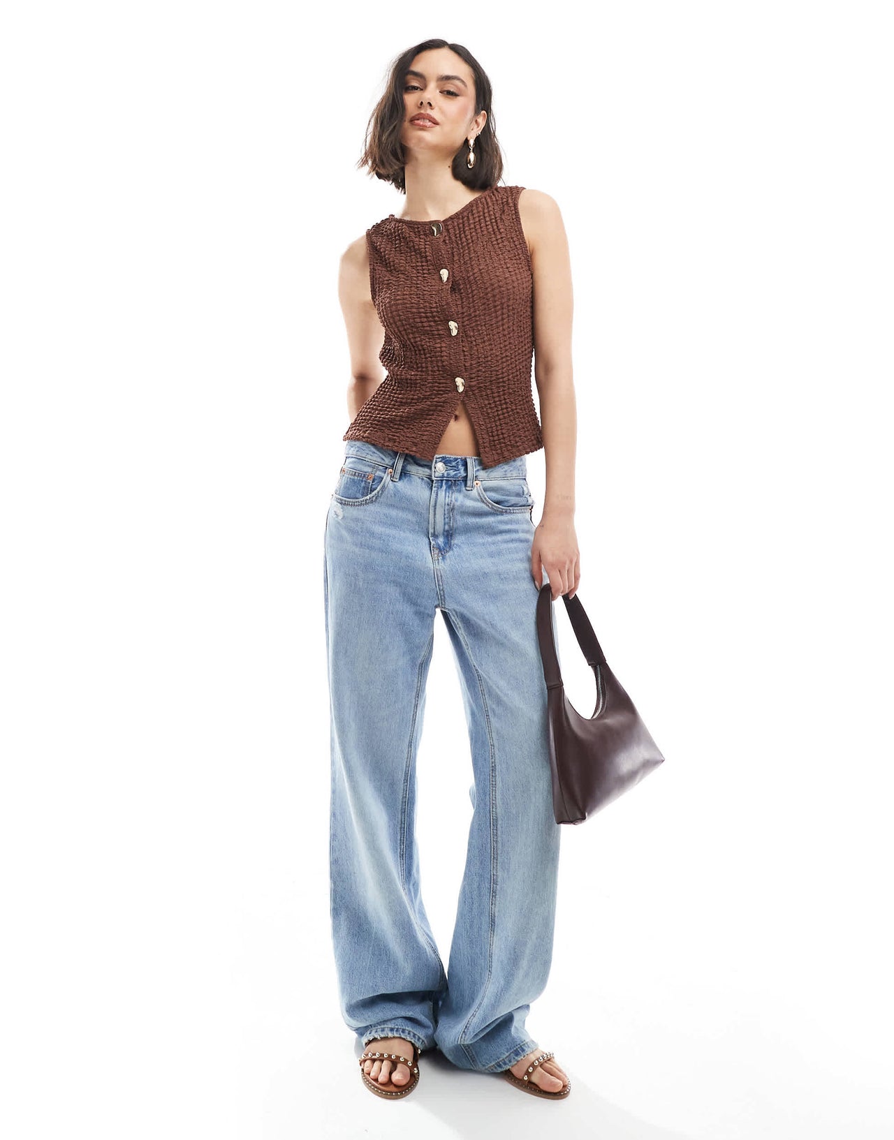 ASOS DESIGN textured button through top with gold hardware buttons in brown