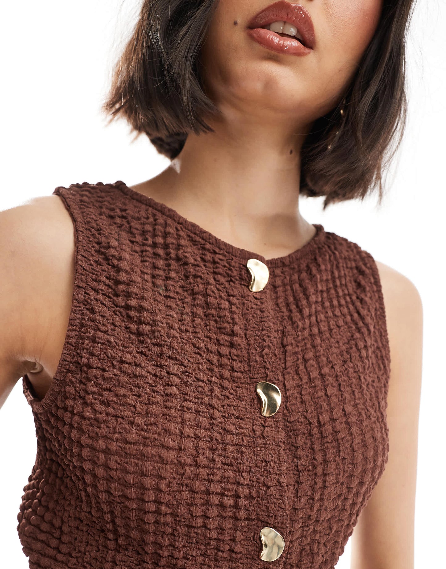 ASOS DESIGN textured button through top with gold hardware buttons in brown
