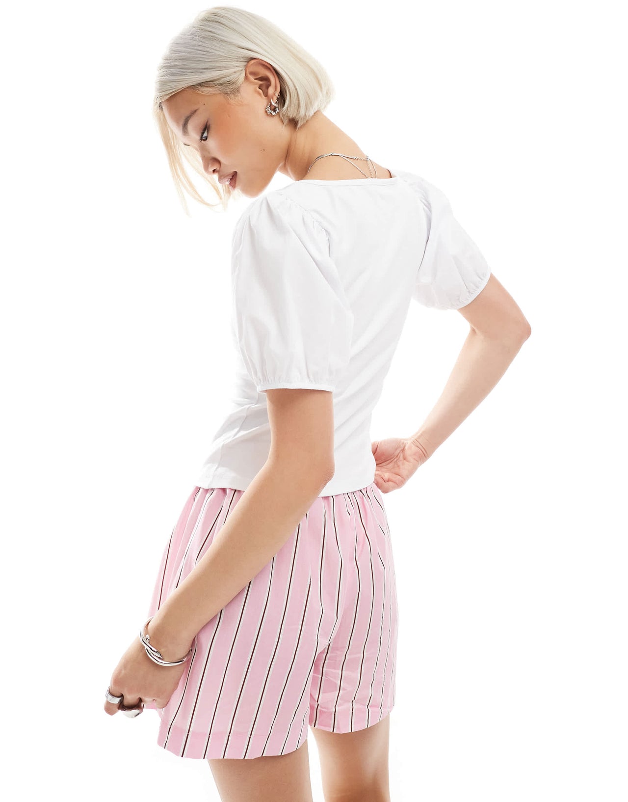 ASOS DESIGN poplin mix puff sleeve sweetheart top in ivory