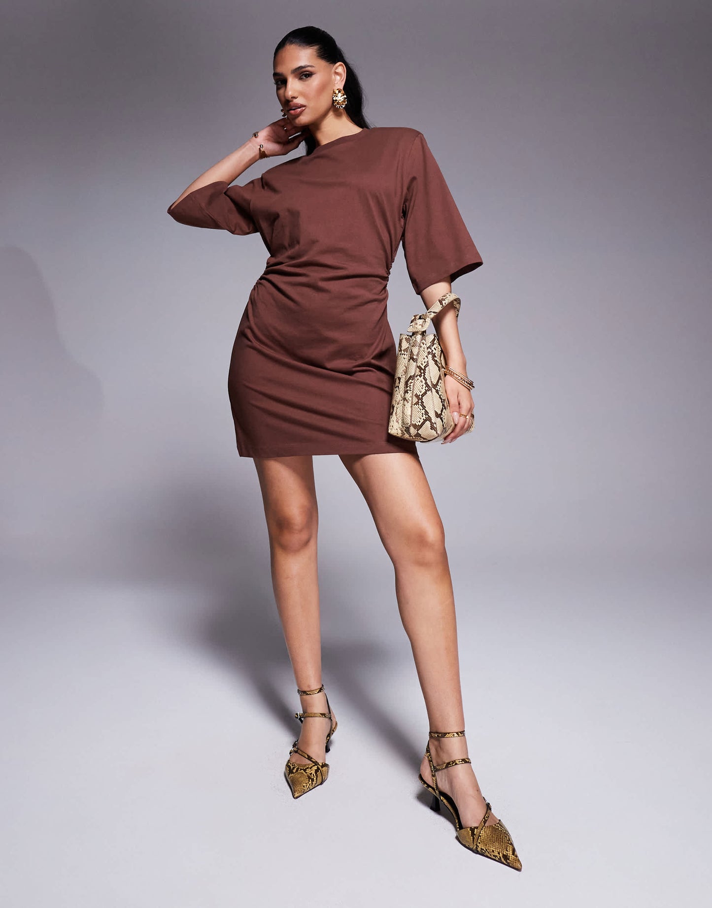 ASOS DESIGN cinched t-shirt mini dress with shoulder pads in brown