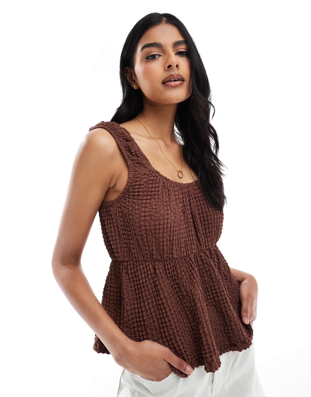 ASOS DESIGN textured babydoll top in brown