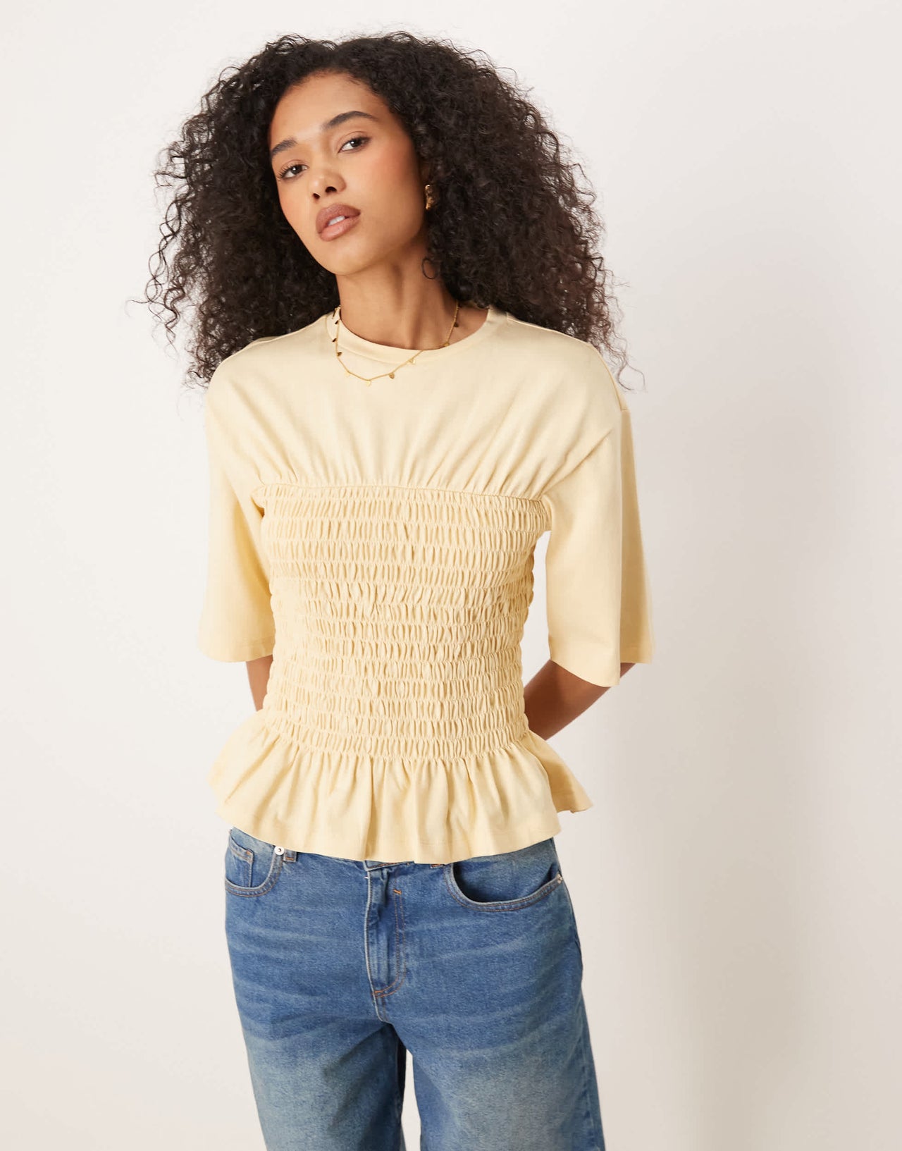 ASOS DESIGN shirred t shirt top in buttermilk