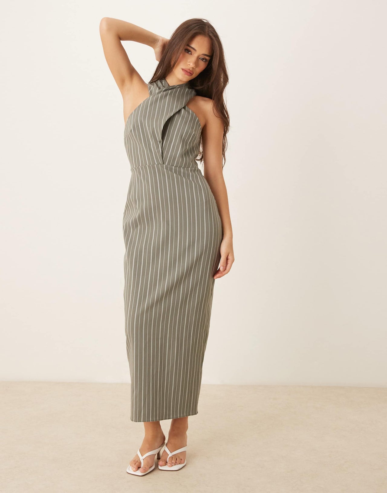 ASOS DESIGN bengaline cross neck midi column dress in stripe