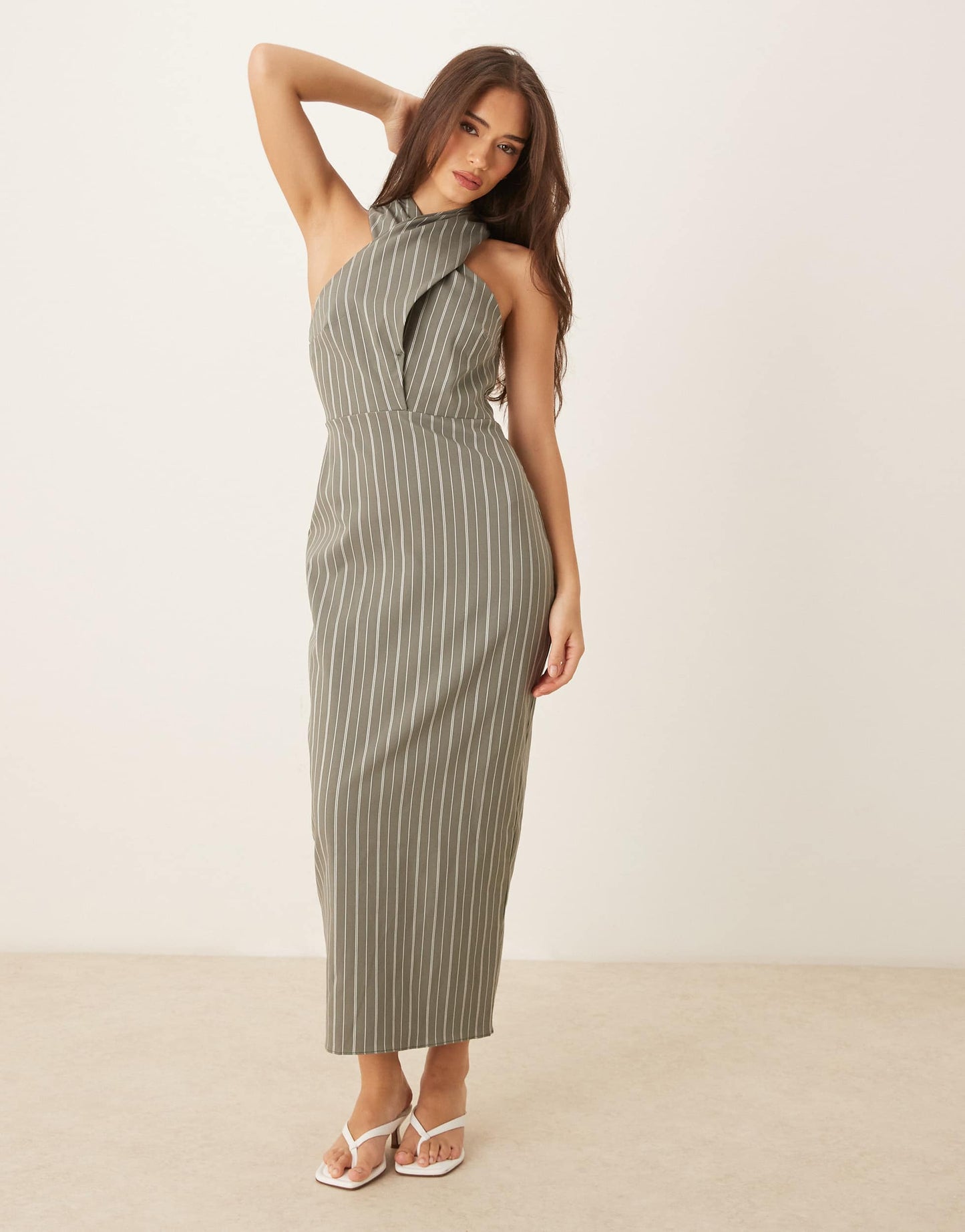 ASOS DESIGN bengaline cross neck midi column dress in stripe