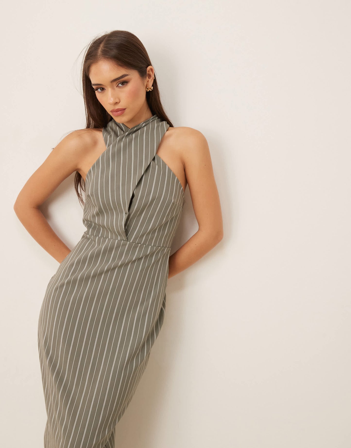ASOS DESIGN bengaline cross neck midi column dress in stripe