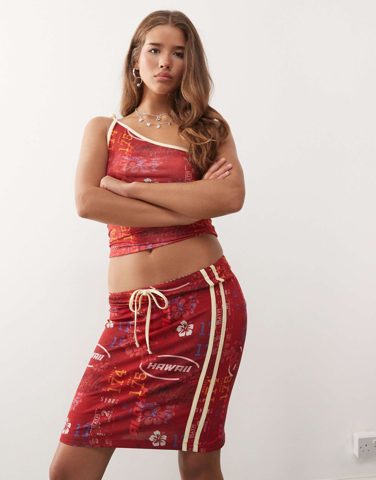 COLLUSION knee length printed drawstring skirt co-ord