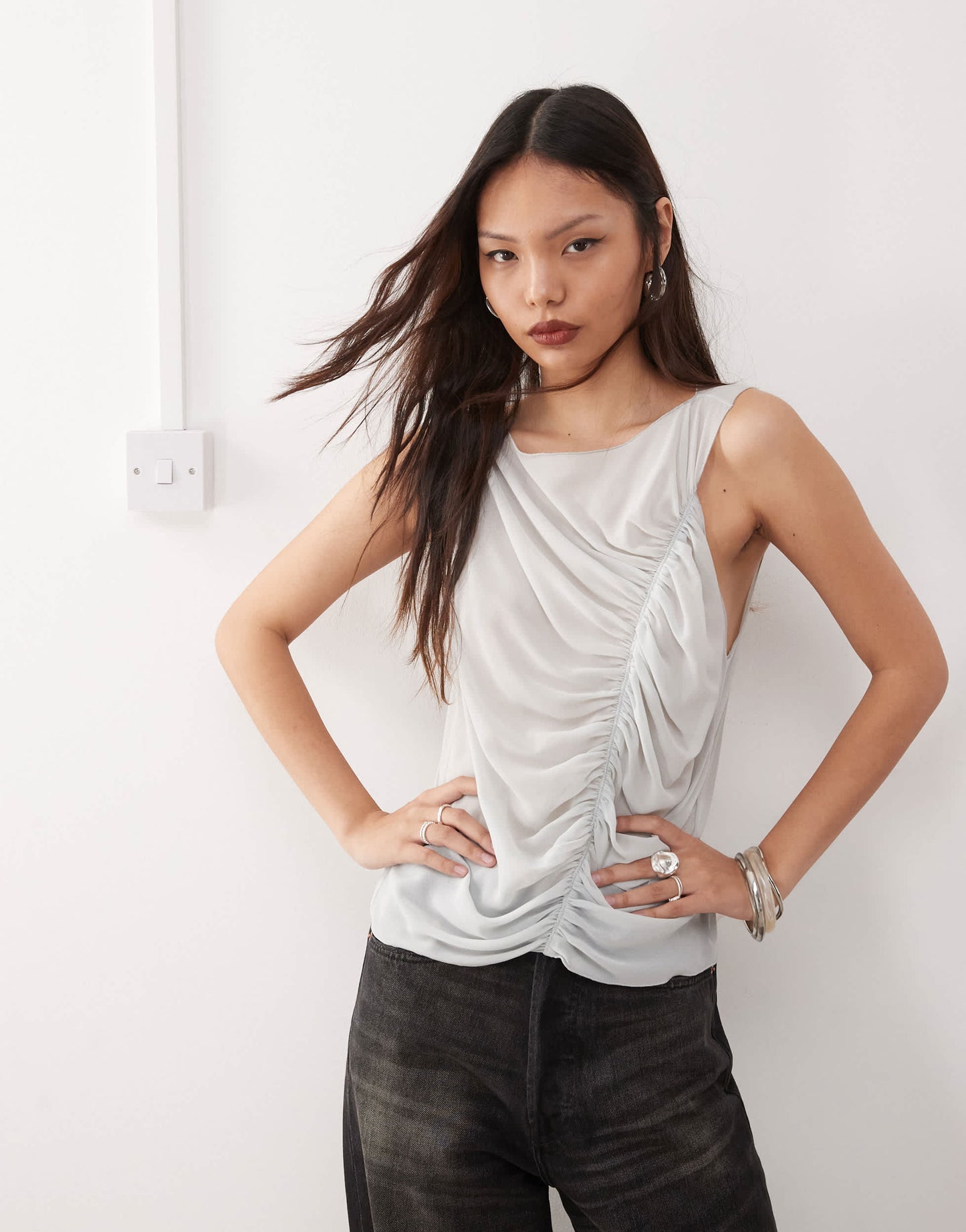 Weekday chiffon sleeveless blouse with asymmetric gathered front detail in light grey