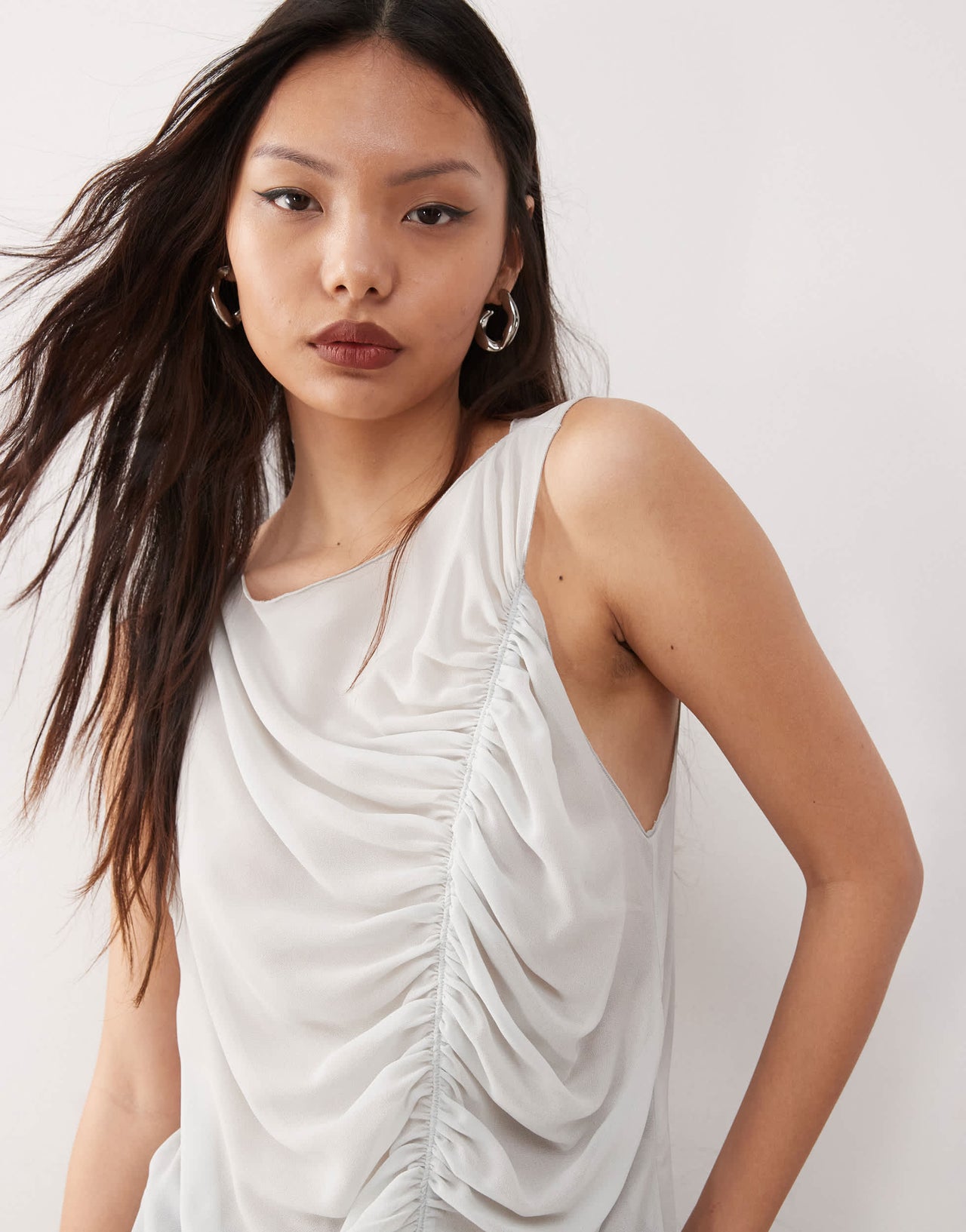 Weekday chiffon sleeveless blouse with asymmetric gathered front detail in light grey
