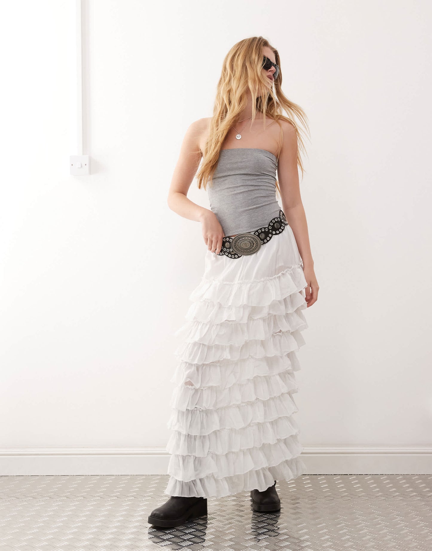 Weekday frill hem maxi skirt in white