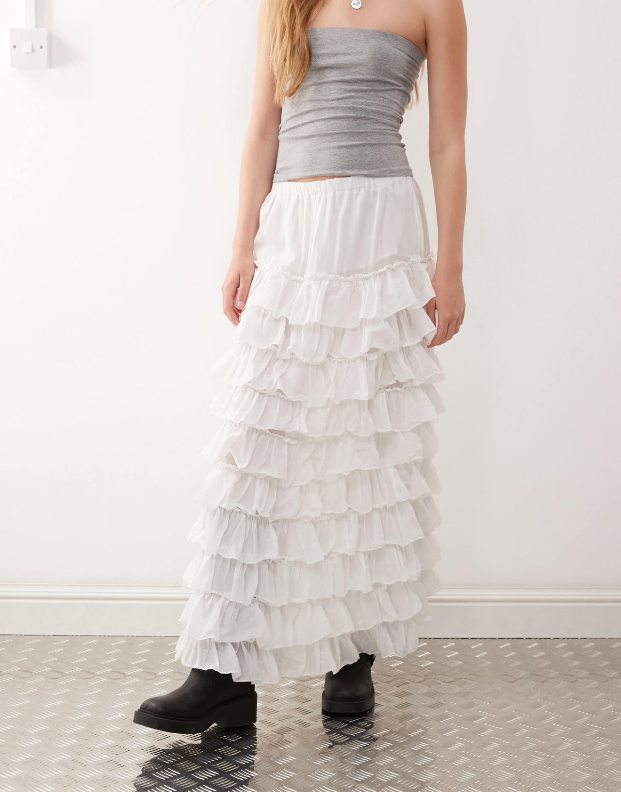 Weekday frill hem maxi skirt in white