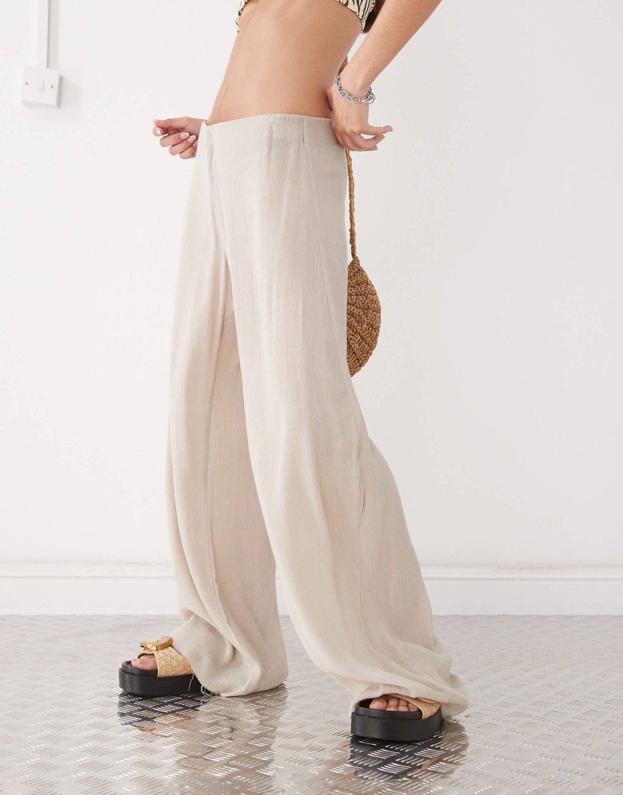Weekday wide leg plisse trousers in beige