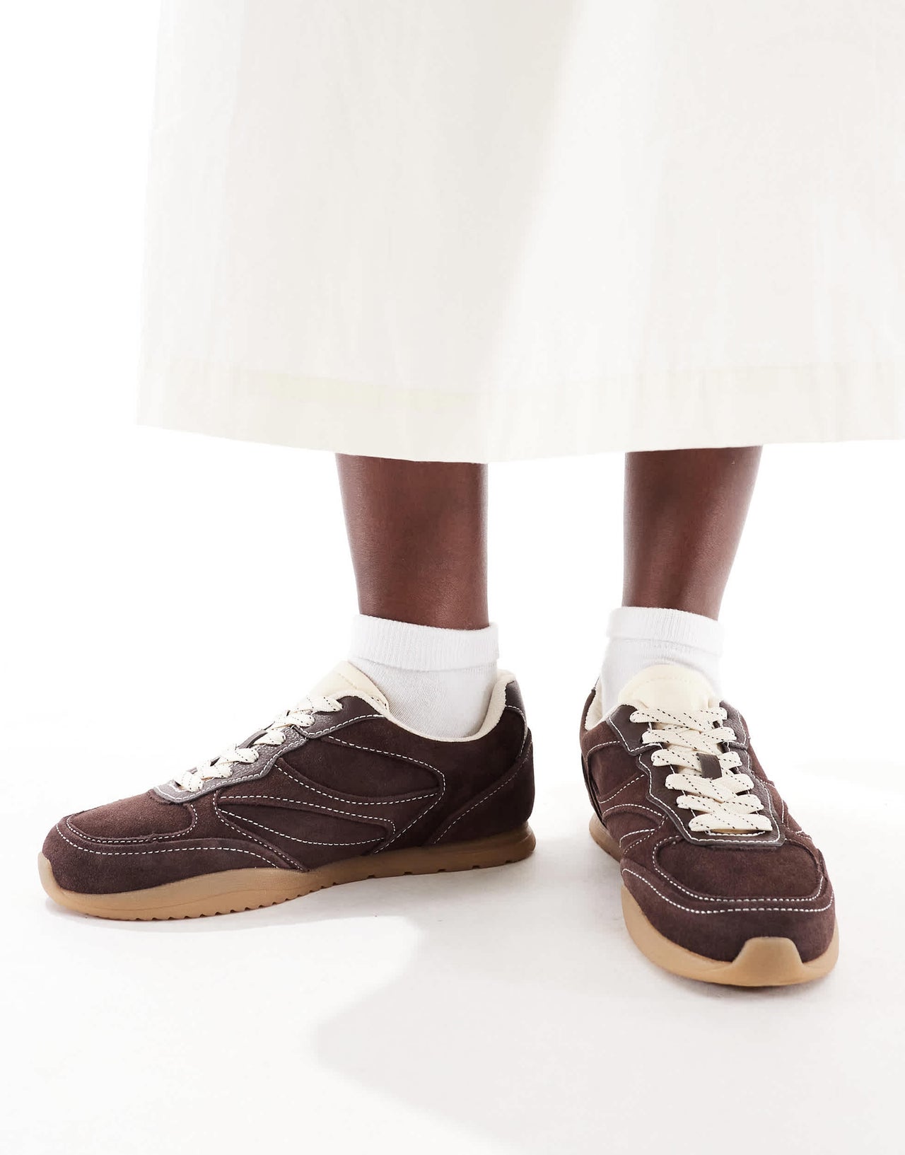 Stradivarius trainer in dark brown leather suede