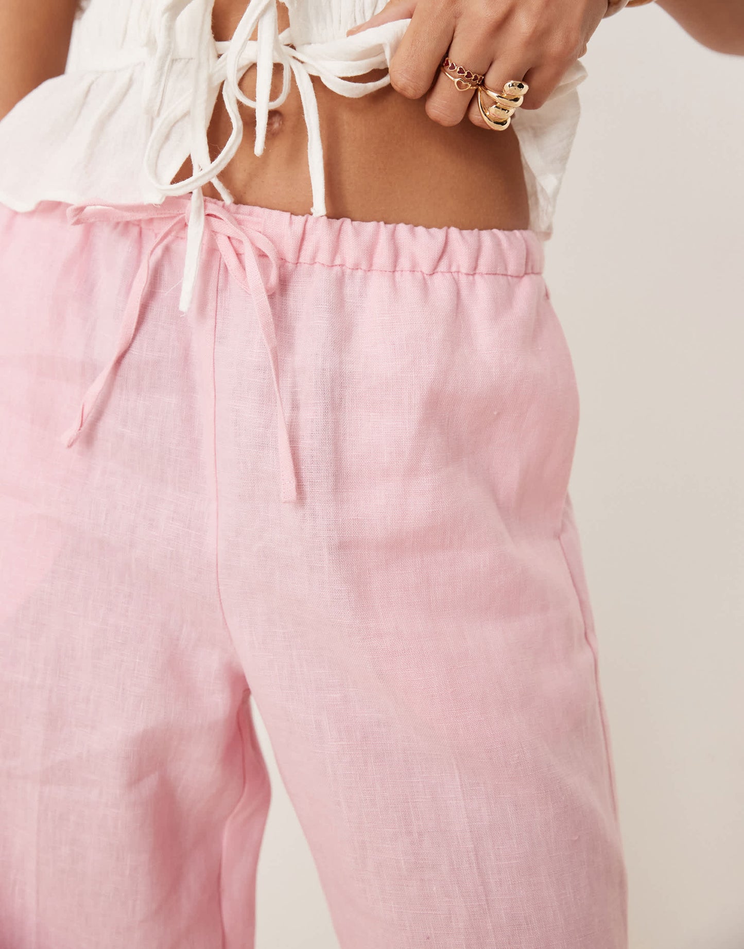 Mango pull on soft touch linen trouser in pink