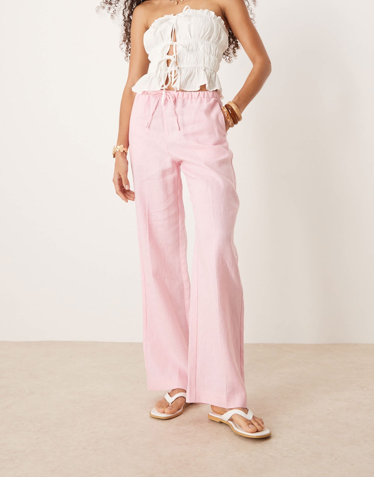 Mango pull on soft touch linen trouser in pink