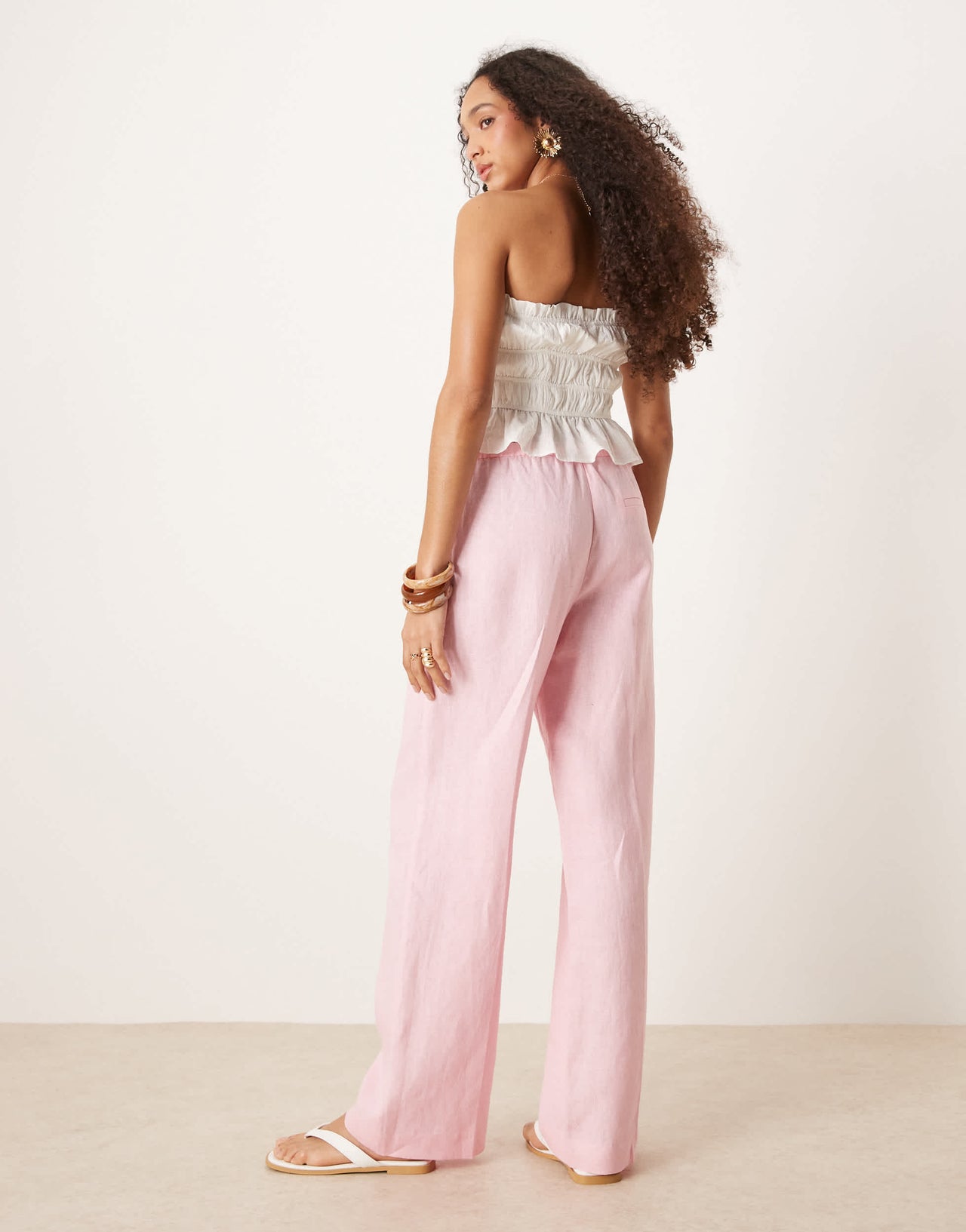 Mango pull on soft touch linen trouser in pink