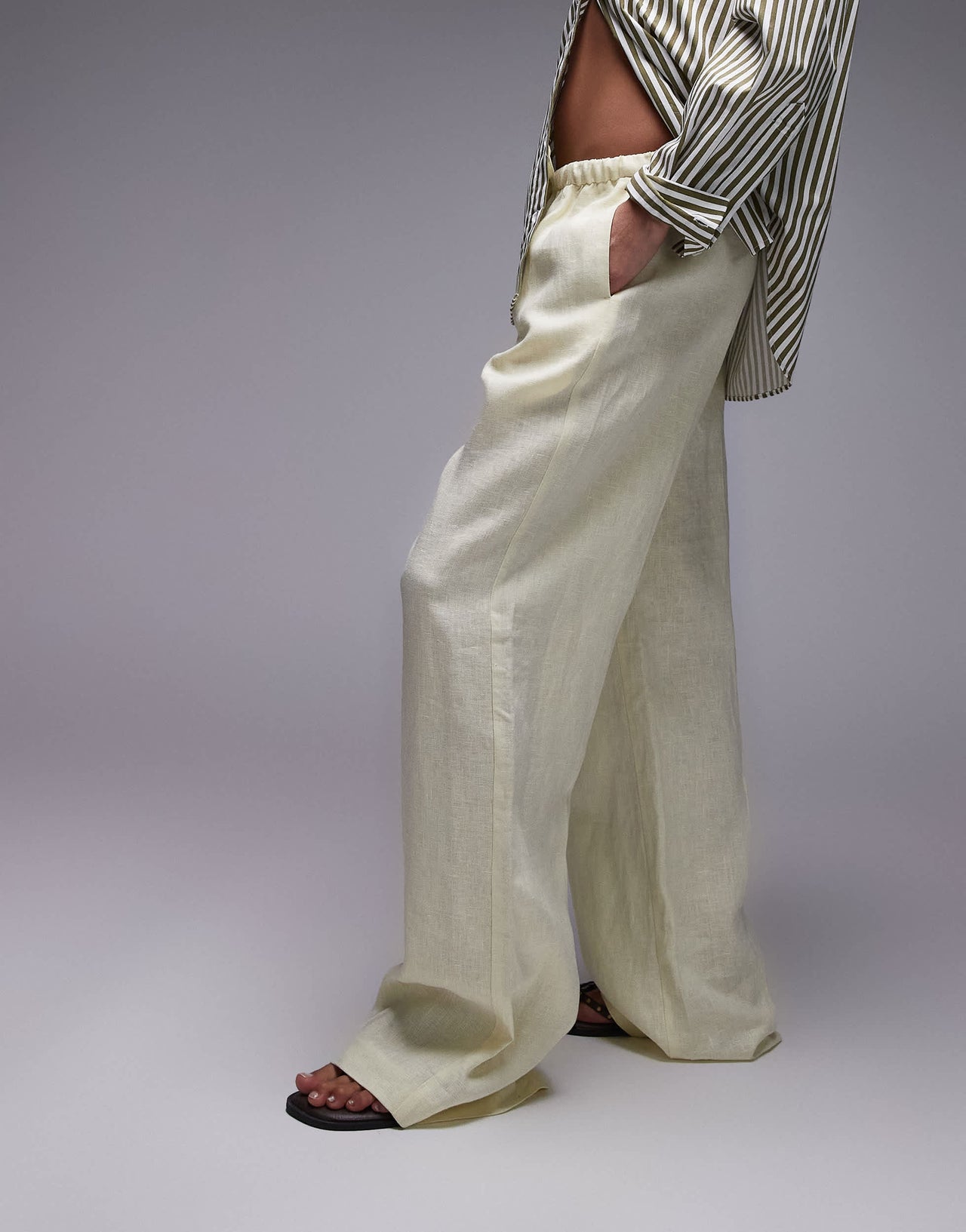 Mango pull on soft touch linen trouser in butter yellow