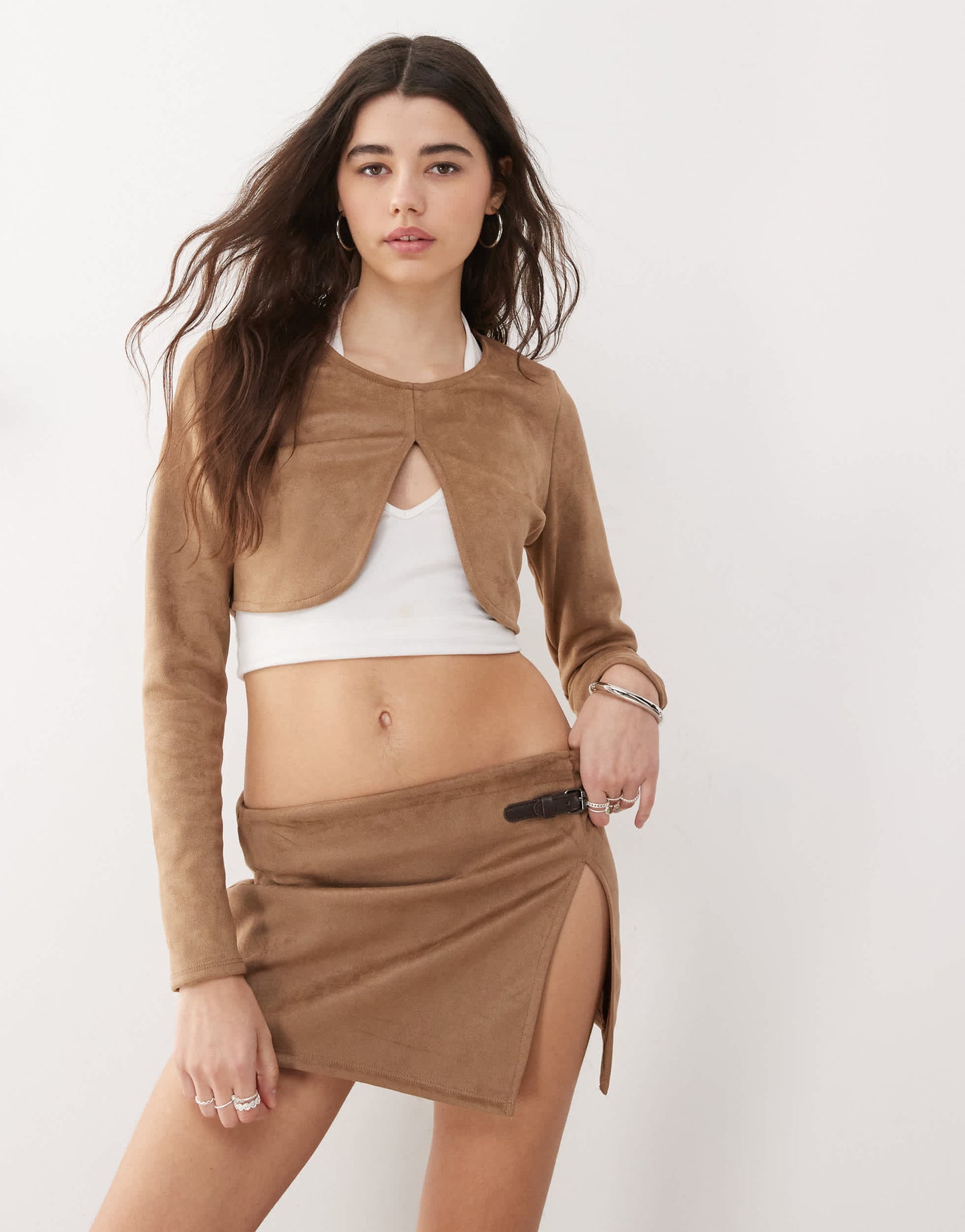 COLLUSION faux suede long sleeve crop top in brown