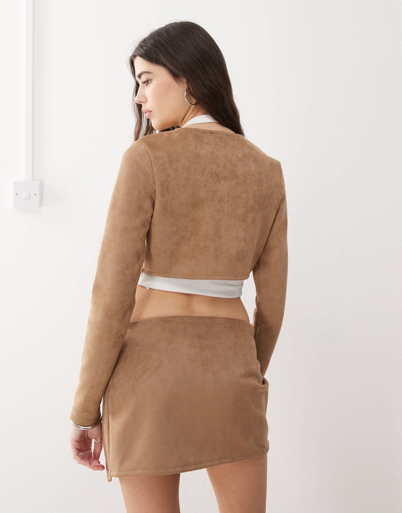 COLLUSION faux suede long sleeve crop top in brown
