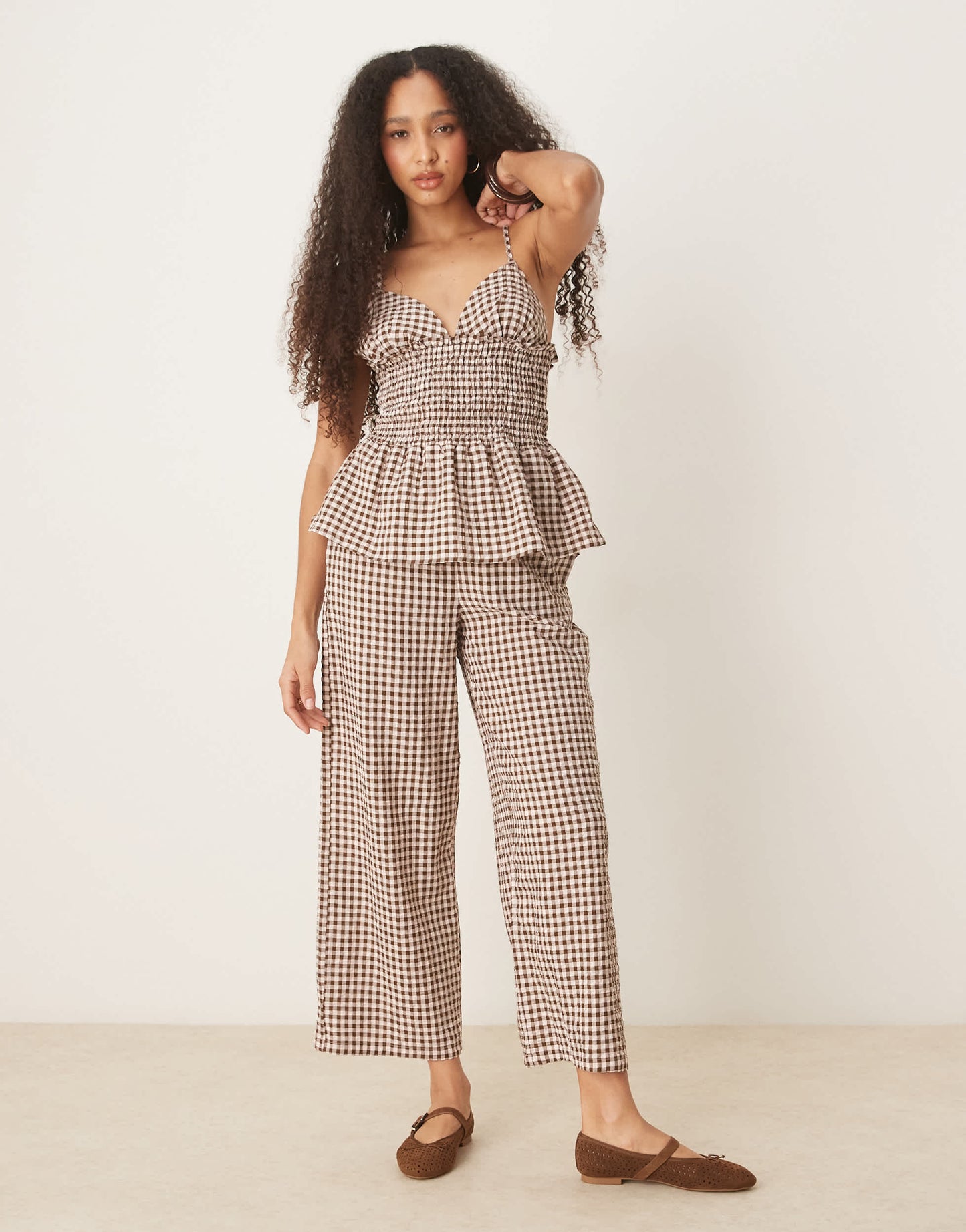 ASOS DESIGN shirred waist cami top in brown gingham