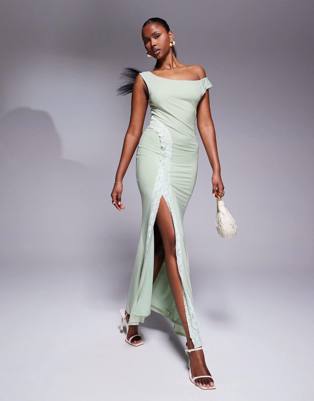 ASOS DESIGN bardot maxi dress with lace sides and split in sage green