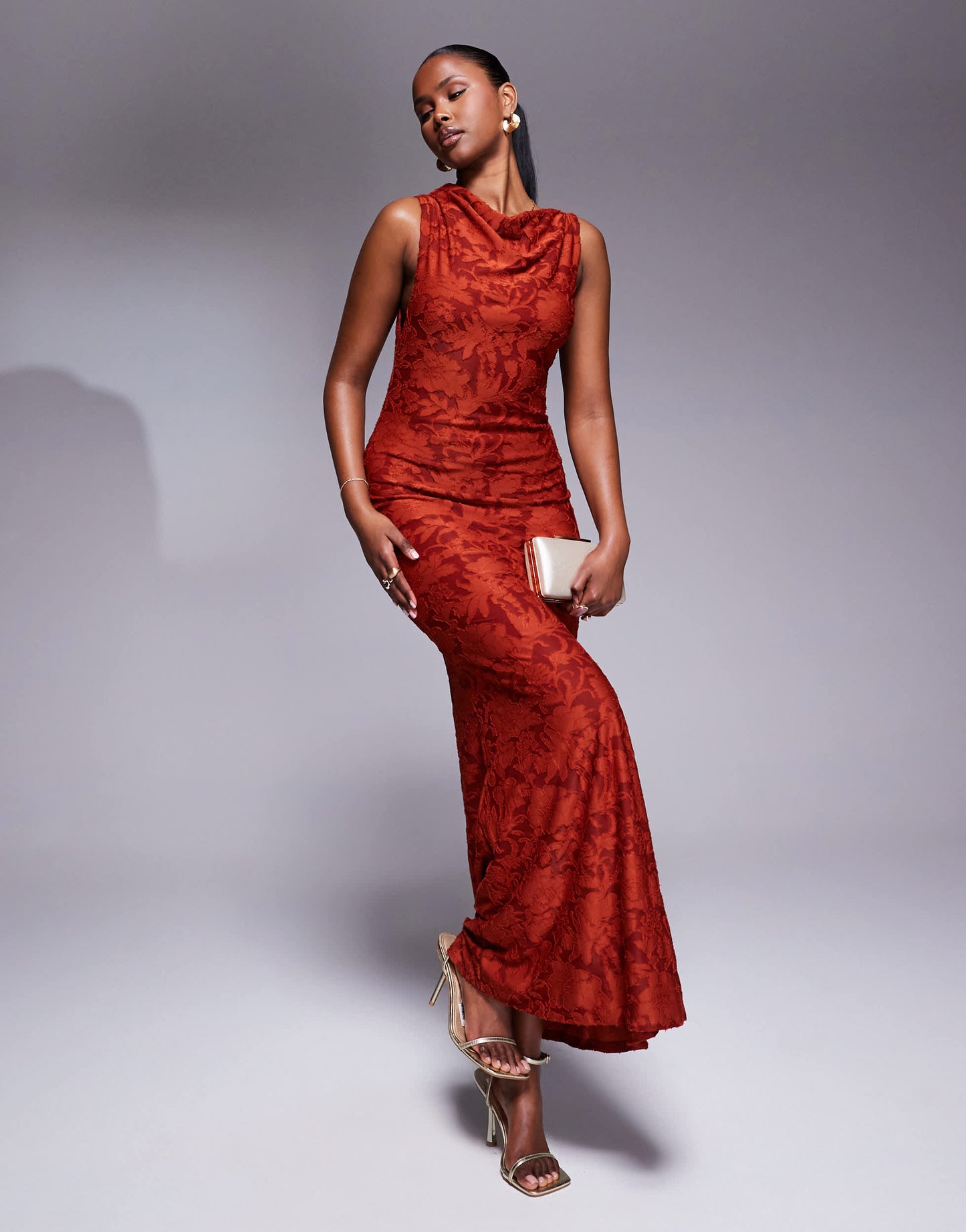ASOS DESIGN sleeveless twisted shoulder devore maxi dress in rust