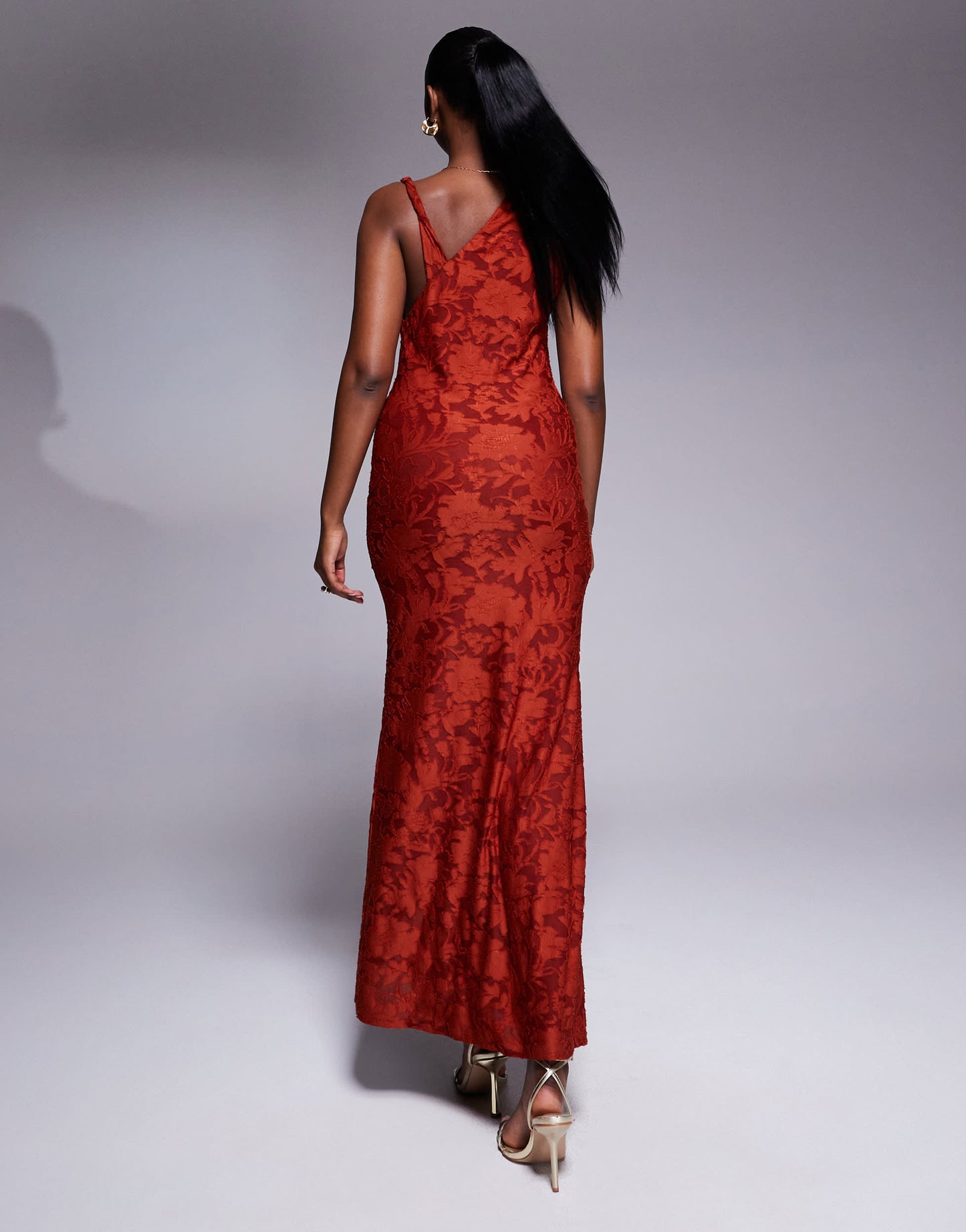 ASOS DESIGN sleeveless twisted shoulder devore maxi dress in rust