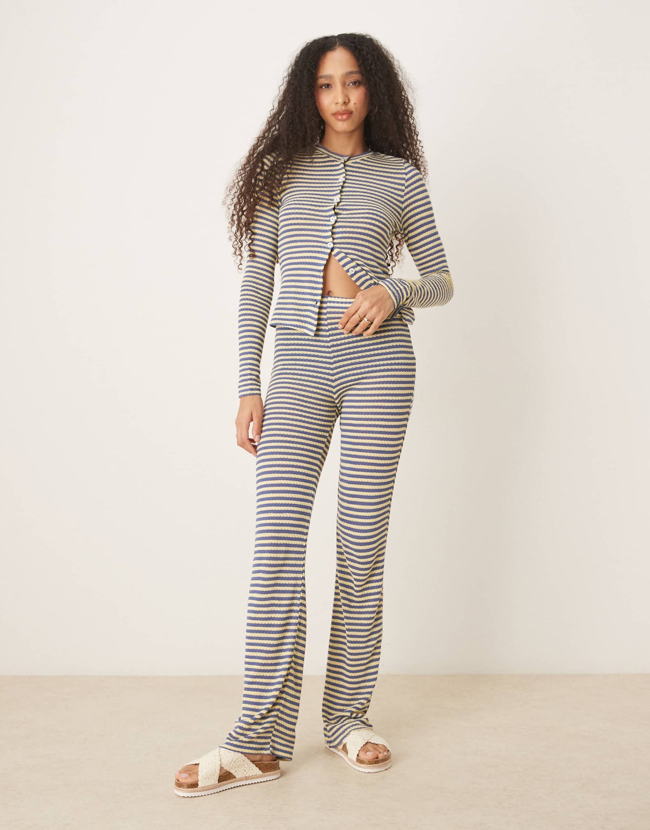 ASOS DESIGN knitted wide leg trouser co-ord in blue and yellow stripe